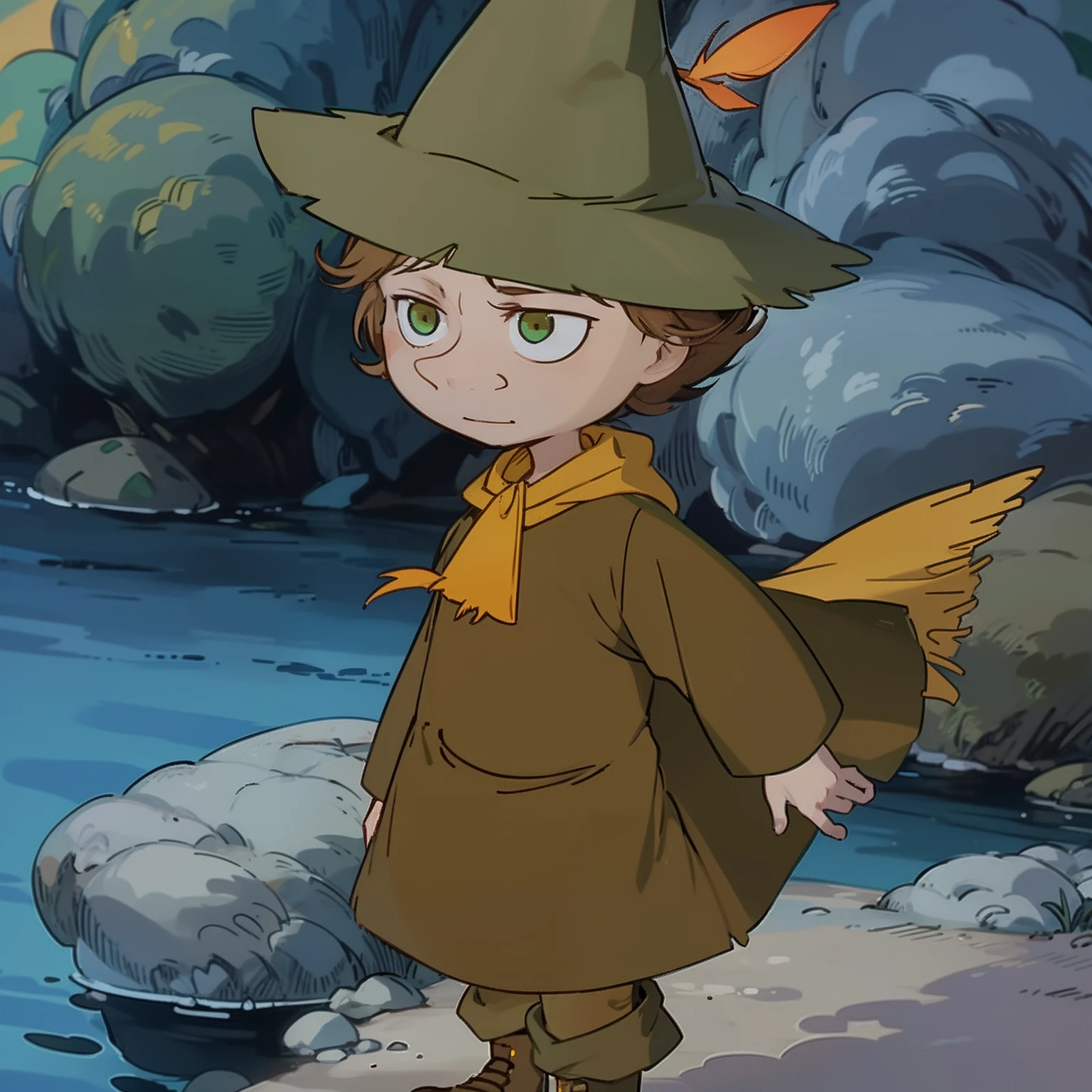 Snufkin, 1boy, short brown hair, pointy nose, green coat, green pants, brown boots, green hat with yellow feather, yellow scarf, dark brown eyes, perfect anatomy, solo, portrait, better face, better hands