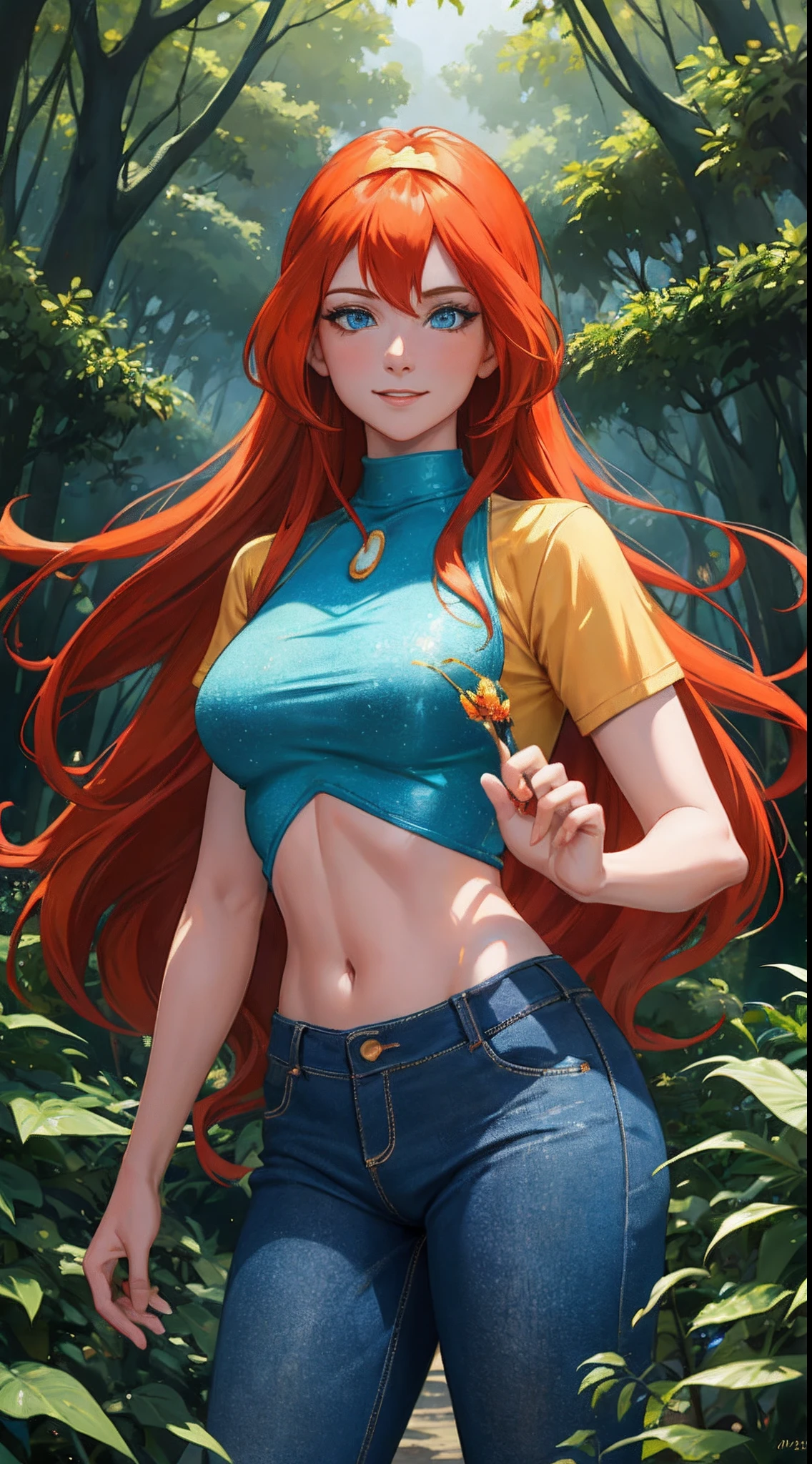 masterpiece, best quality, ultra-detailed, Bloom, milf, mature face, tall, thick, orange hair, blue eyes, bangs, long hair, Casual Outfit, croptop, blue tshirt, yellow short sleeves, skinny jeans, pants, standing, smile, in the forest, cowboy shot, realistic, volumetric lighting, intricate details, tonemapping, sharp focus, hyper detailed,