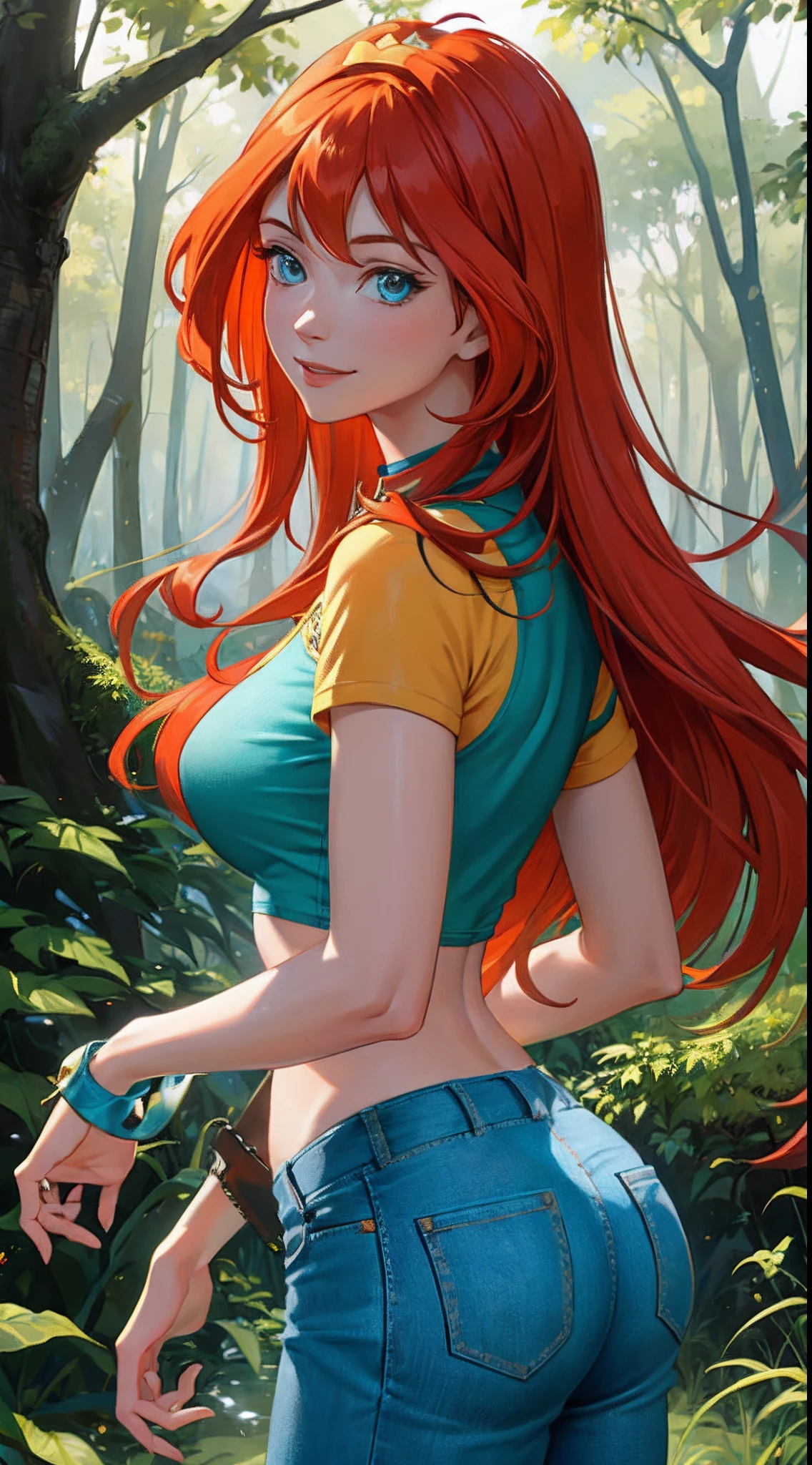 A  girl, red-yellow hair, turquoise eyes, in full height, naked ass, Average Breasts, Nude female body, Dandelion Field, Female genitals, kneeling, Dandelion wreath, White fluff flies, Dandelions in their hands