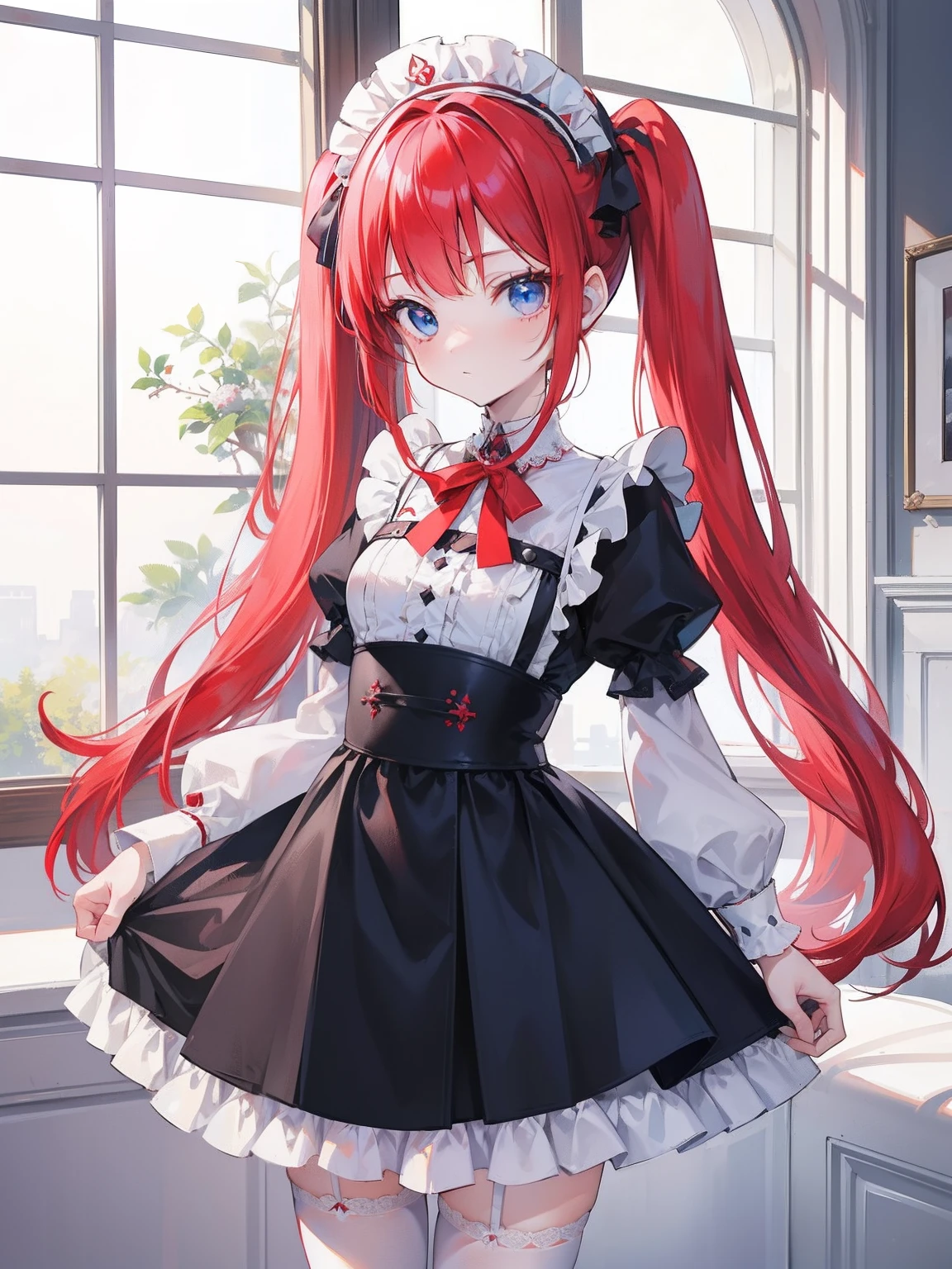 red hair,blue eyes,twintails,maid, long hair, long sleeves, gothic, solo, loli,Short skirt, white stockings,{{best quality}}, {{masterpiece}}, {{ultra-detailed}}, {illustration}, {detailed light}, {an extremely delicate and beautiful},little girl,cute,