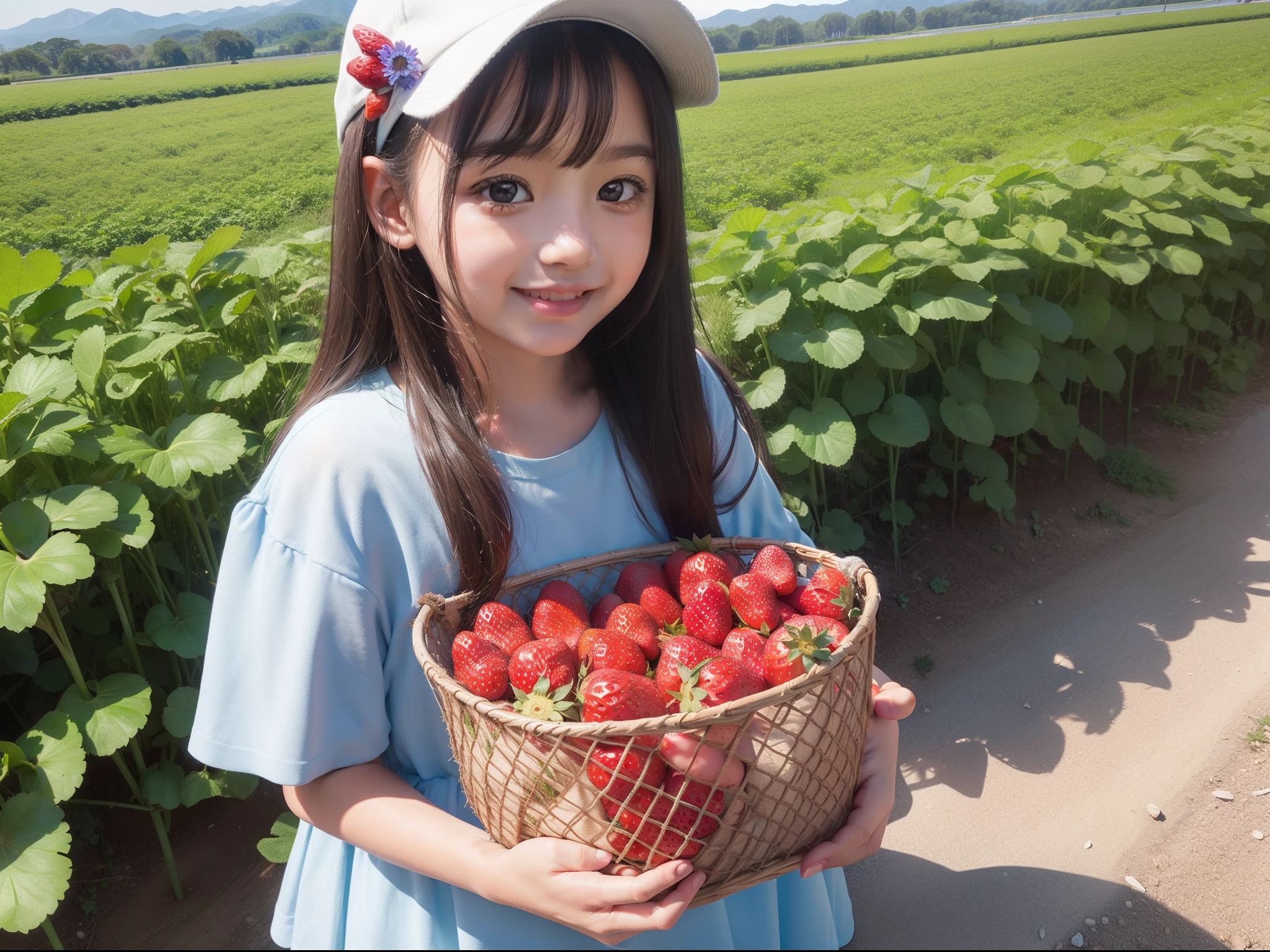 The  girl is sweet, ssmile, Picking strawberries in a strawberry field, Far Mountain, Blue sky, k hd, meticuloso.