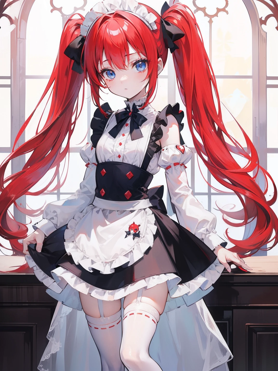 red hair,blue eyes,twintails,maid, long hair, long sleeves, gothic, solo, loli,Short skirt, white stockings,{{best quality}}, {{masterpiece}}, {{ultra-detailed}}, {illustration}, {detailed light}, {an extremely delicate and beautiful}, girl,cute,