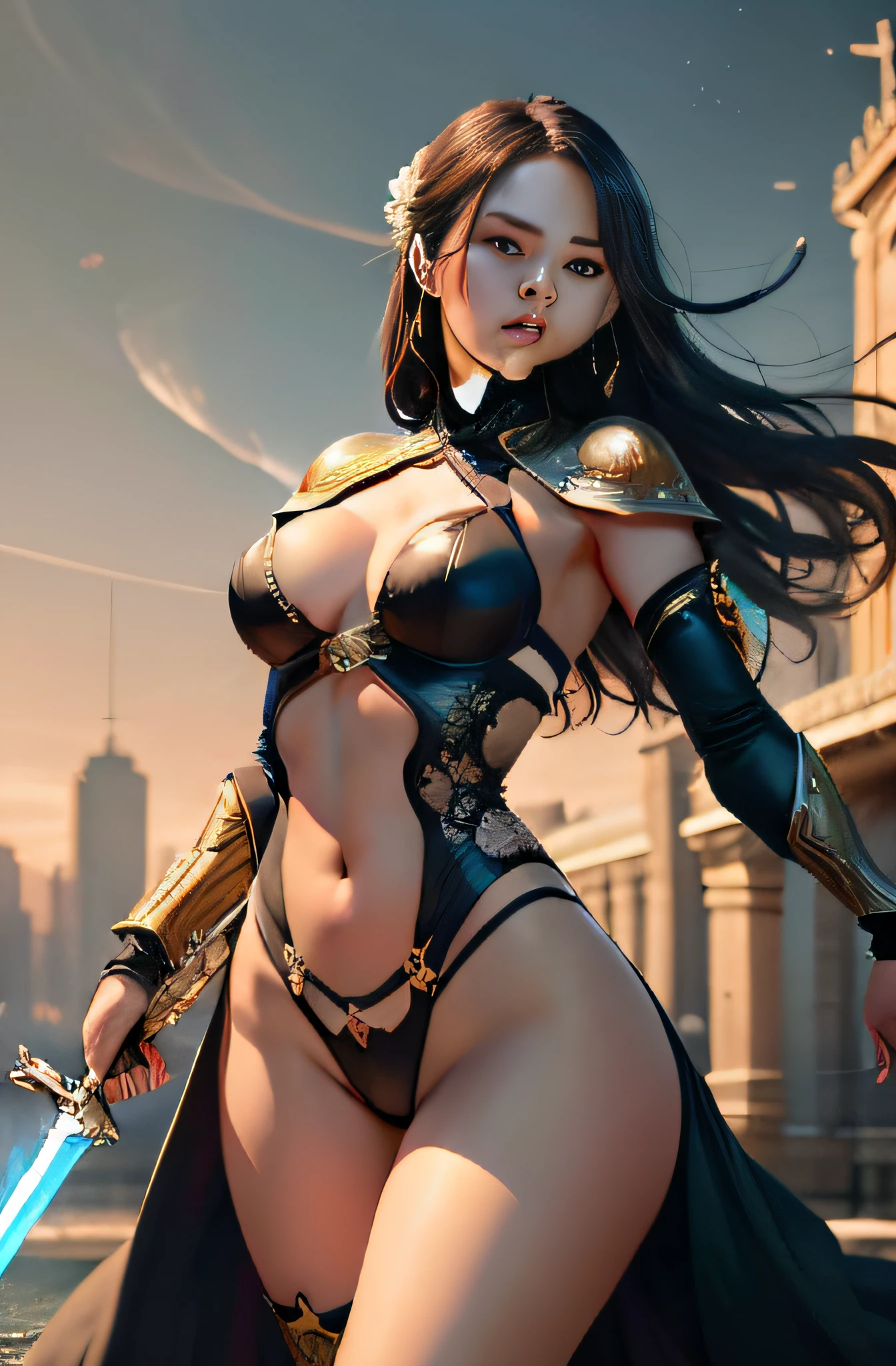 A beautiful woman in sexy lingerie, Floating in the air, He was surrounded by twenty golden swords。,The background is the sky above the city.Infinite Sword System, Tyndall effect, Glow effects, in the style of anime art, Romantic graffiti, Meticulous, Realistic pop music, neo-fauvism, Order, 8K,(Ancient Chinese Cold Weapons_sword1.2).