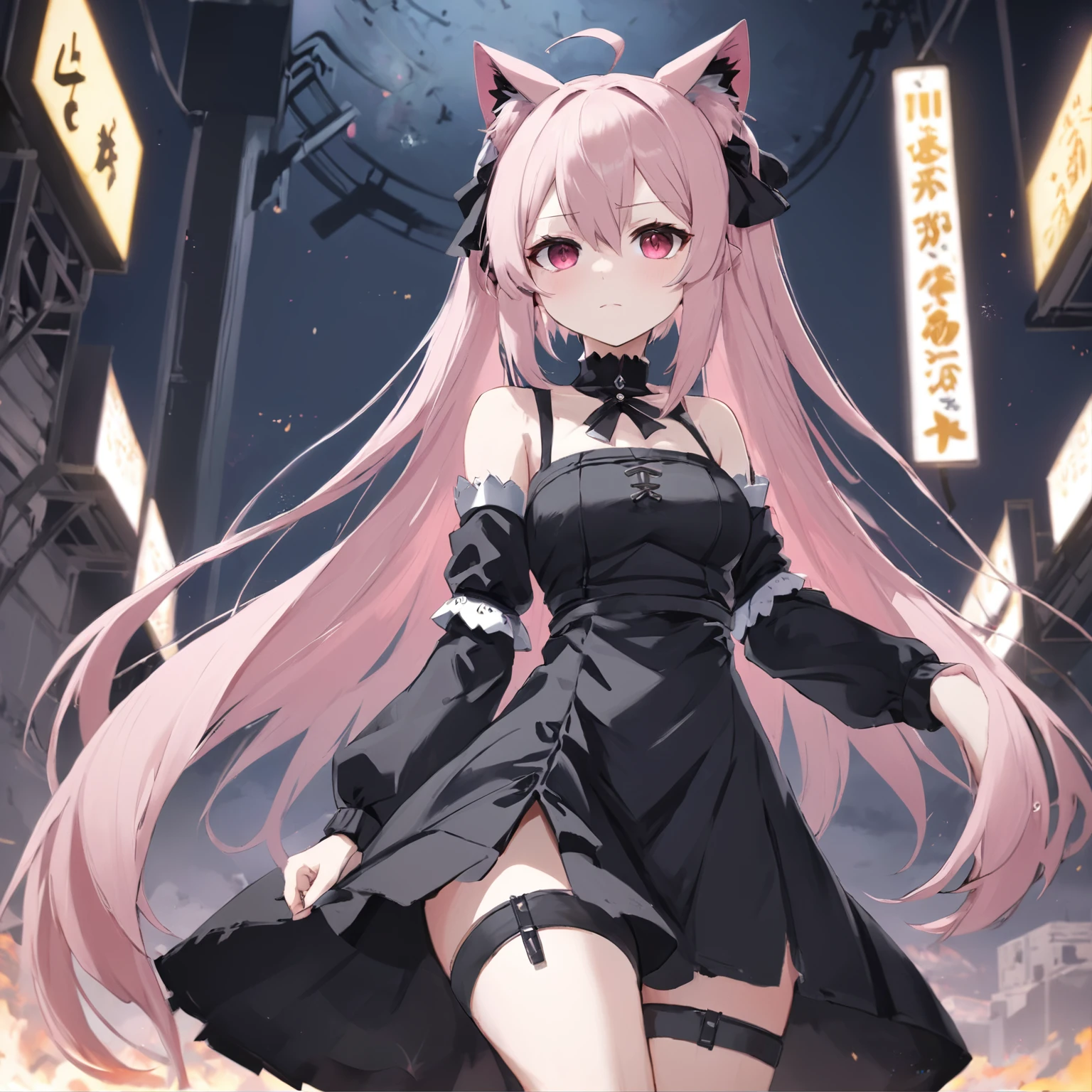 Anime characters with long pink hair and black skirts, Has cat ears,from girls frontline, girls frontline style, Fine details. Girl front, girls frontline universe, Girls Frontline CG, Anime girl wearing black dress, nier:automata inspired, nier : automata inspired, Style anime, 1 7 - year - old anime goth girl, shadowverse style, anime visual of a cute girl