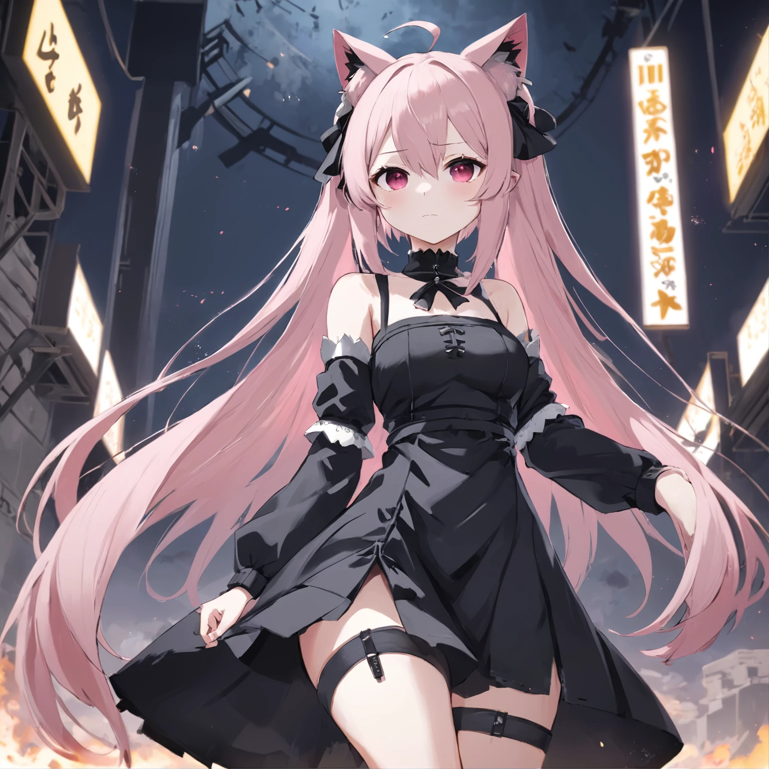 Anime characters with long pink hair and black skirts, Has cat ears，from girls frontline, girls frontline style, Fine details. Girl front, girls frontline universe, Girls Frontline CG, Anime girl wearing black dress, nier:automata inspired, nier : automata inspired, Style anime, 1 7 -  - old me goth girl, shadowverse style, anime visual of a cute girl
