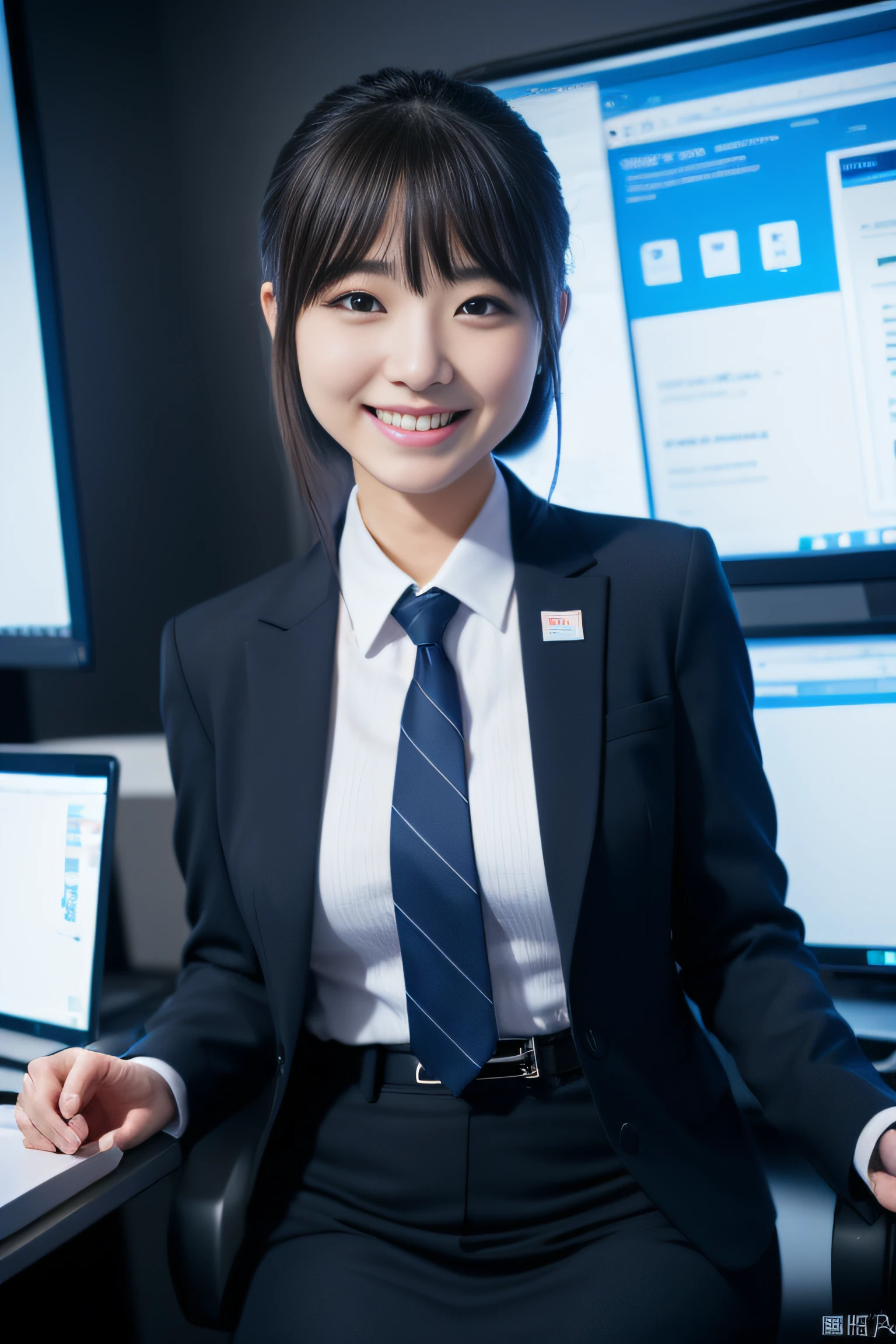 1人の女性、Business Skirt Suit、bangss、a smile、Computer use、s Office、bloom,　电影灯光、(8k、​masterpiece、top-quality、Raw foto)