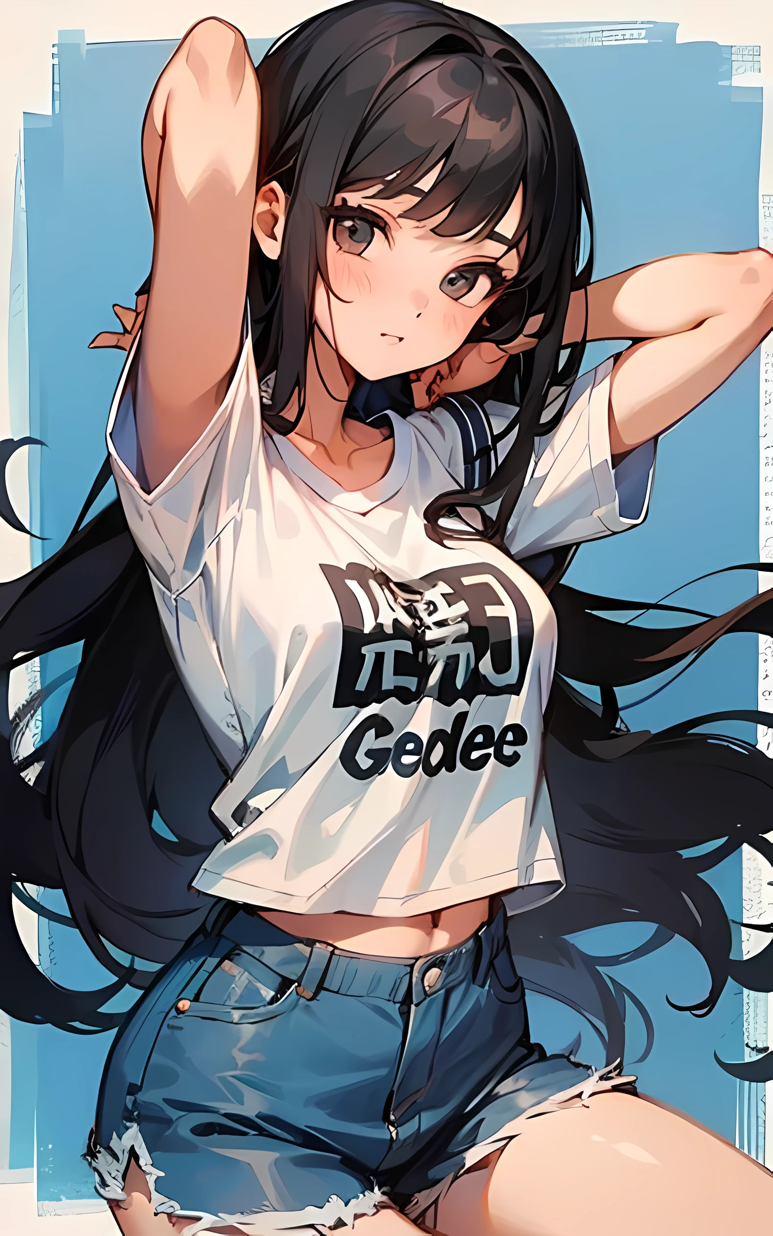 1girl, black hair, long hair, white tshirt, hot pants, school girl