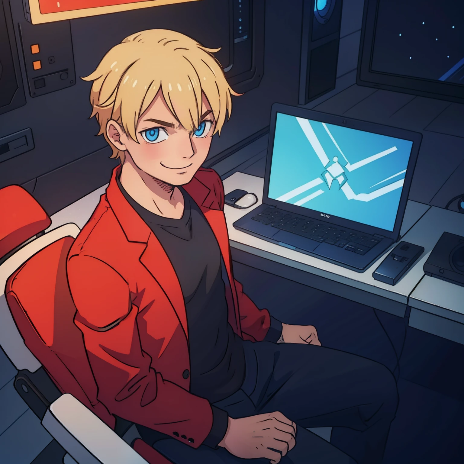 One man sitting on a chair,Smiling,Blue eyes,a blond,Short ponytail,Red suit,Black shirt,I am using a computer, Being in a room that feels sci-fi.