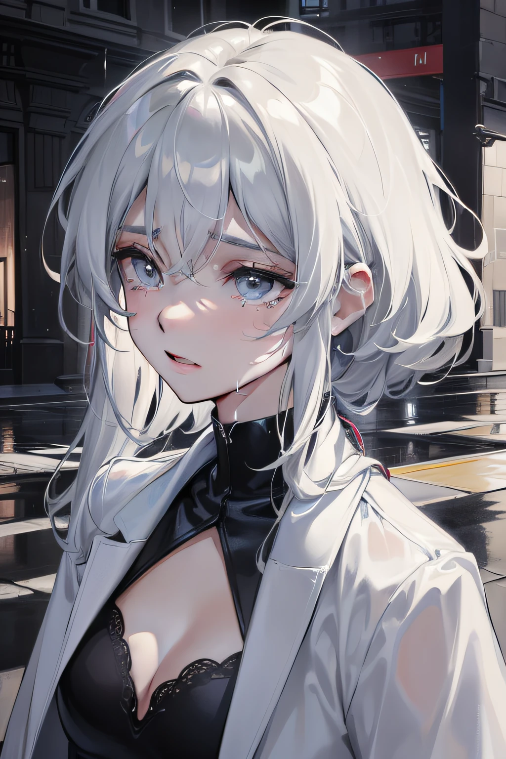 a teenager male，The upper part of the body， Cry for love， At the top of the building， Heavy raindrops fell， wetclothes， Wet hair， Clear face， Solitude， streaming tears， eyes reflection， streaming tears， teardrop， Ray traching， reflective light， lightand shade contrast， cinmatic lighting， closeup cleavage， tmasterpiece， best qualtiy， high detal， A high resolution， ccurate， textureskin， high high quality， hyper HD，  HD