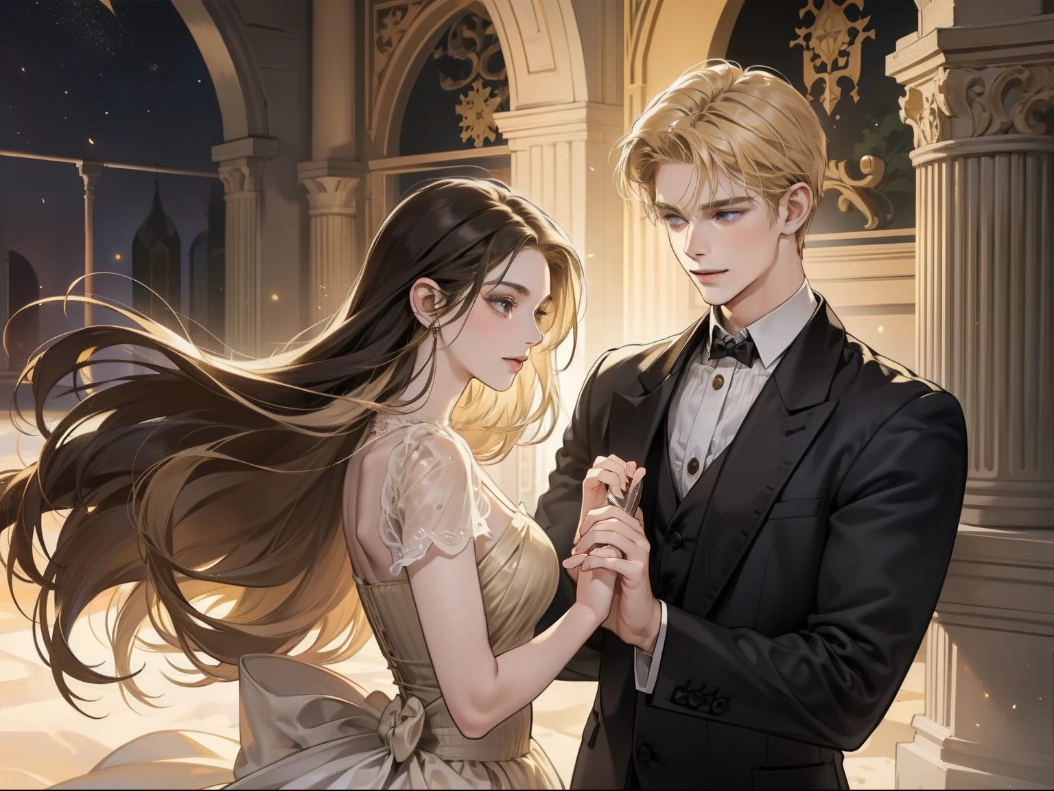 masterpiece, best quality, realistic, 1male1female, (Short side swept sandy blonde hair male and long black hair female), 18 years old. Yule ball, hand holding together, smile, tall blonde male, ((short dark brunette female)).