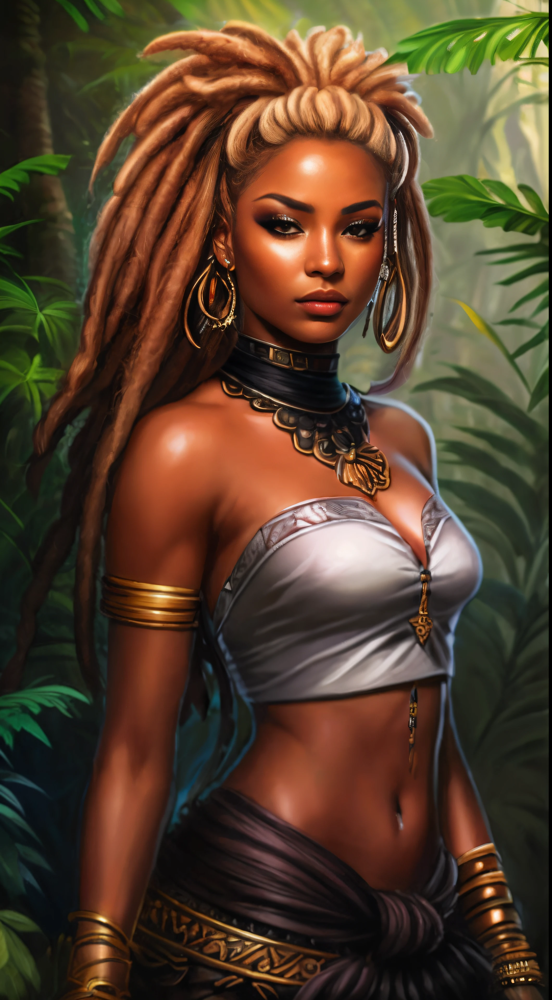 a close up of a woman with dreadlocks in a jungle, character concept art portrait, fantasy concept art portrait, stunning character art, epic exquisite character art, character art portrait, character concept portrait, alexandra fomina artstation, portrait of ororo munroe, artstation painting, character portrait art, cgsociety portrait, portrait of a female druid