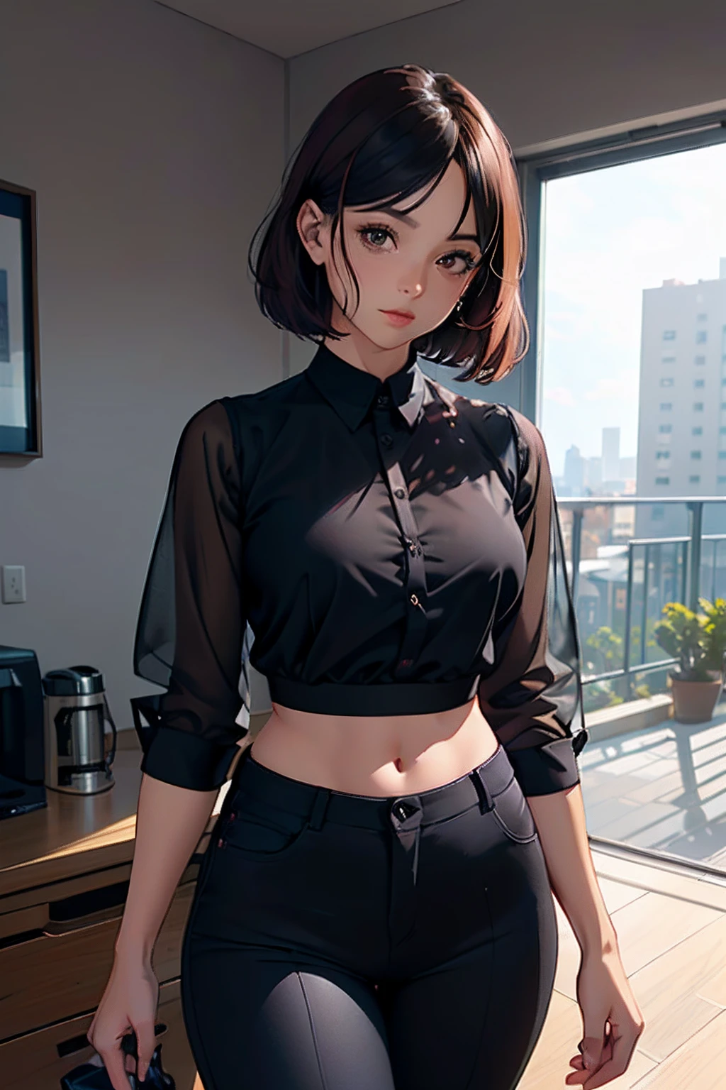 Obra maestra, La mejor calidad, Ultra detallado, illustration, Epic lighting, film-like composition, Isometric, 1girl, solamente, Lindo, brown eyes, cabello negro, flequillo barrido, Single side lock, Pinza roja, Camisa de cuello blanco, corbata negra, pantalones negros, formal, Mirada encantadora, Pose cautivadora, dentro, Oficina, Thrudr, Apertura por, Mirando al espectador, asomando por la parte superior del cuerpo, sonrojarse, sonrisa seductora, boca cerrada,(8k:1.1),