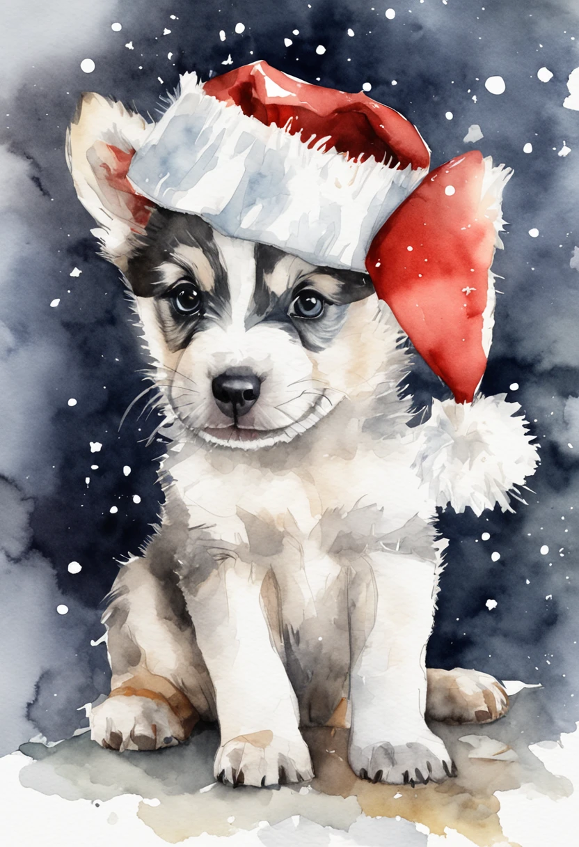 A cute adorable Christmas husky puppy wearing a Santa hat, with presents, watercolor, water color painting, highly detailed, clipart, clip art, on a white background, water color, in view, high quality, photo realistic, holiday, festive, Christmas