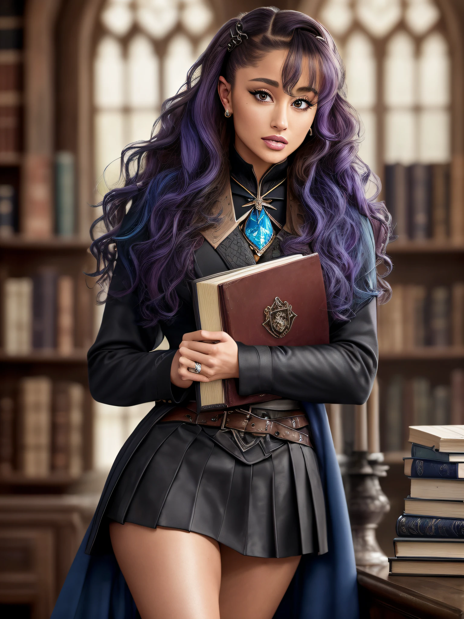 Ariana Grande, wavy hair, detailed alluring eyes, sexy legs, wearing blue mantle, mini skirt, gaiters, holding books, seductive, shapely, Hogwarts, best quality masterpiece, photorealistic, detailed, 8k, HDR, shallow depth of field, broad light, high contrast, backlighting, bloom, light sparkles, chromatic aberration, sharp focus, RAW color photo