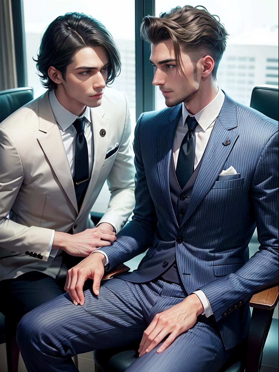Real Human，Handsome guy in a suit，Both brothers are in wheelchairs，height is 180 cm，High paraplegia，Loss of sensation below the chest，Life cannot take care of itself，Young and handsome，Slim figure，The older brother wears a striped suit，The younger brother wears a casual suit