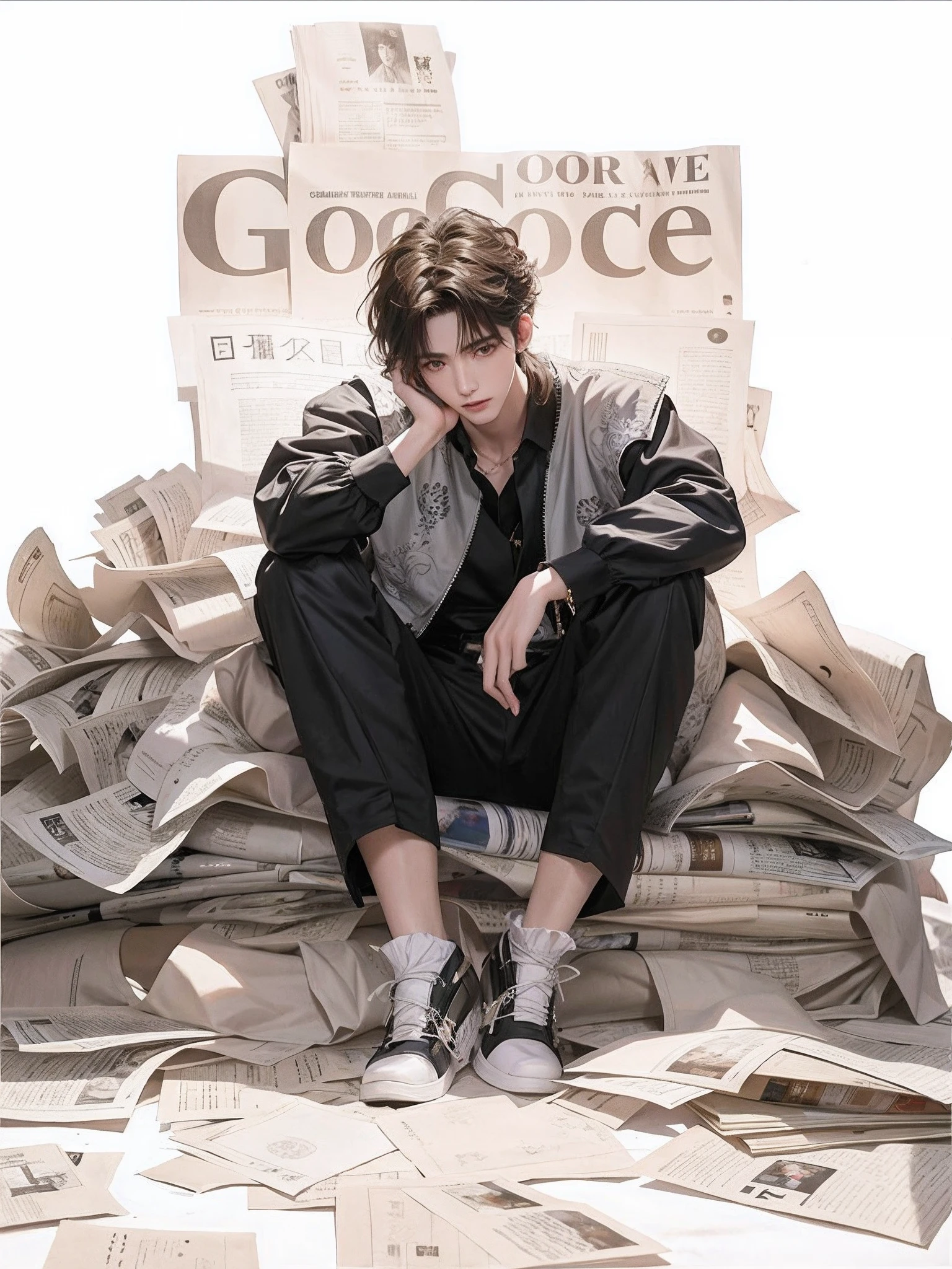 The Arafeld man sat in a pile of newspapers，Place your hands on your face, Cai Xukun, Inspired by Zhang Han, timothee chalamet, Male ulzzang, by Ni Yuanlu, Beautiful androgynous prince, author：Nil Gleyen, fear of god style, inspired by Huang Gongwang, newspaper style, Delicate androgynous prince