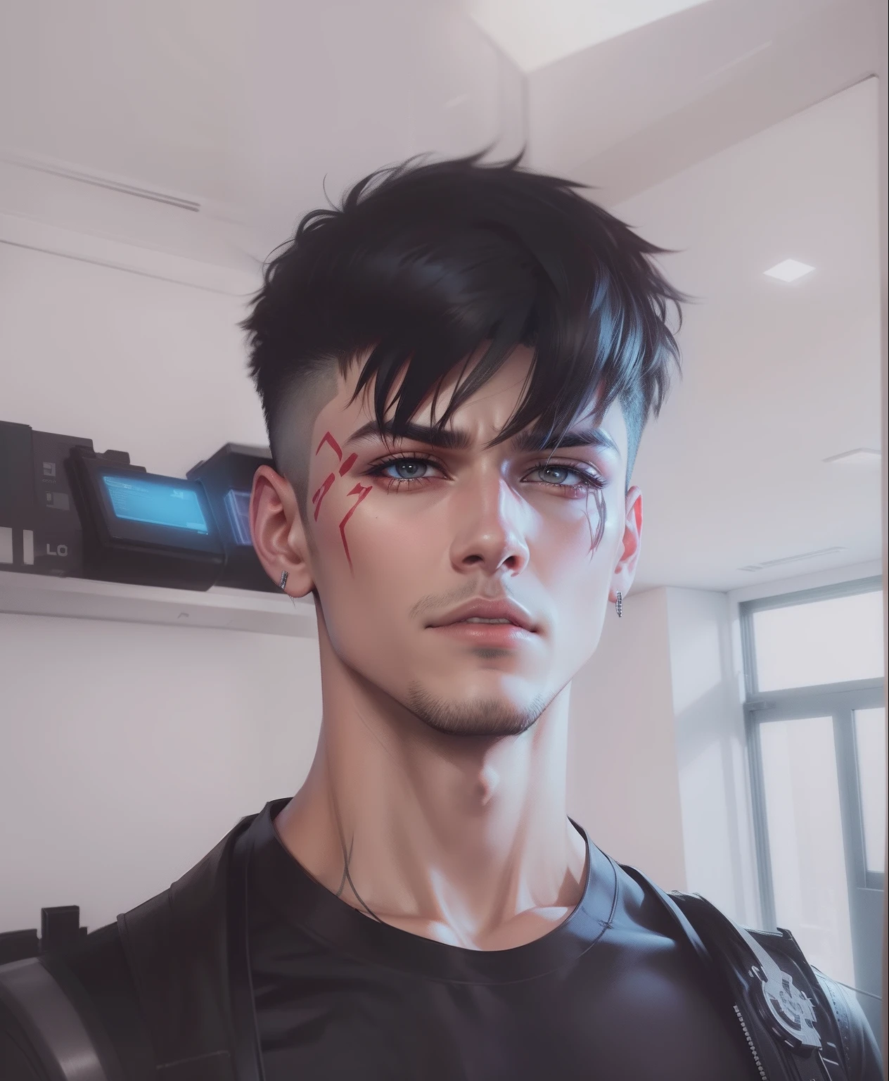 Handsome boy cyberpunk ultra realistic fase devil eyes little big hair change bachgroun blood dripping on lips face should look like a ghost