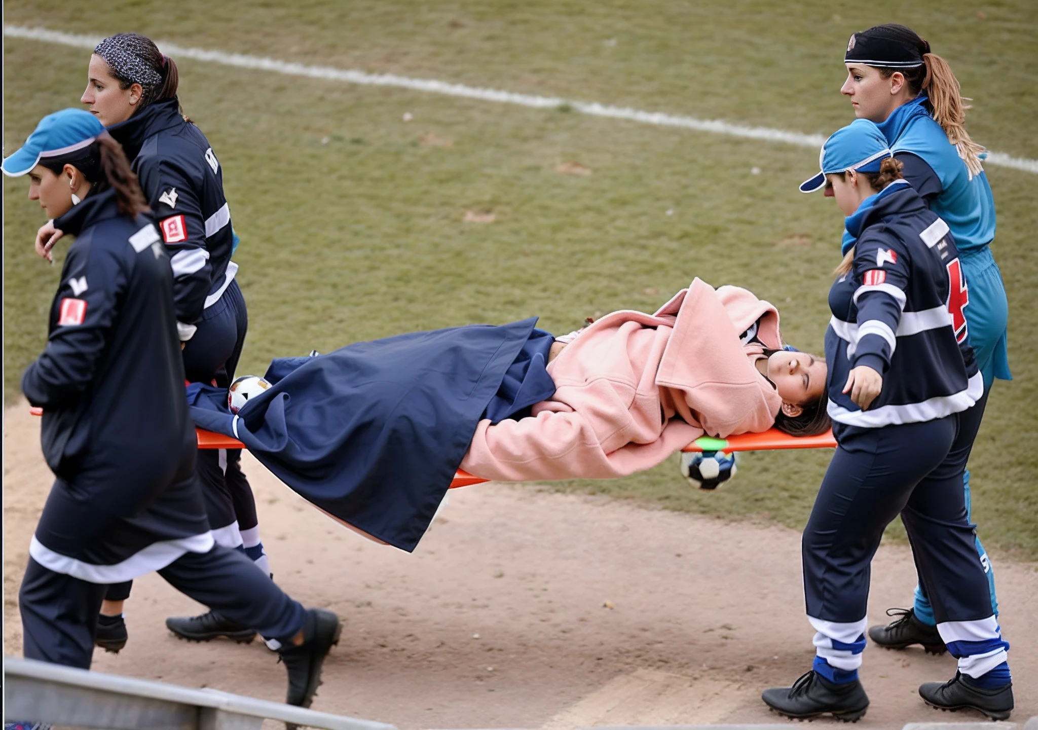 in the italian town of melfi there is a soccer match, four young female nurses are carrying a stretchwer with an injured soccer playwer lying on it from the right to the left