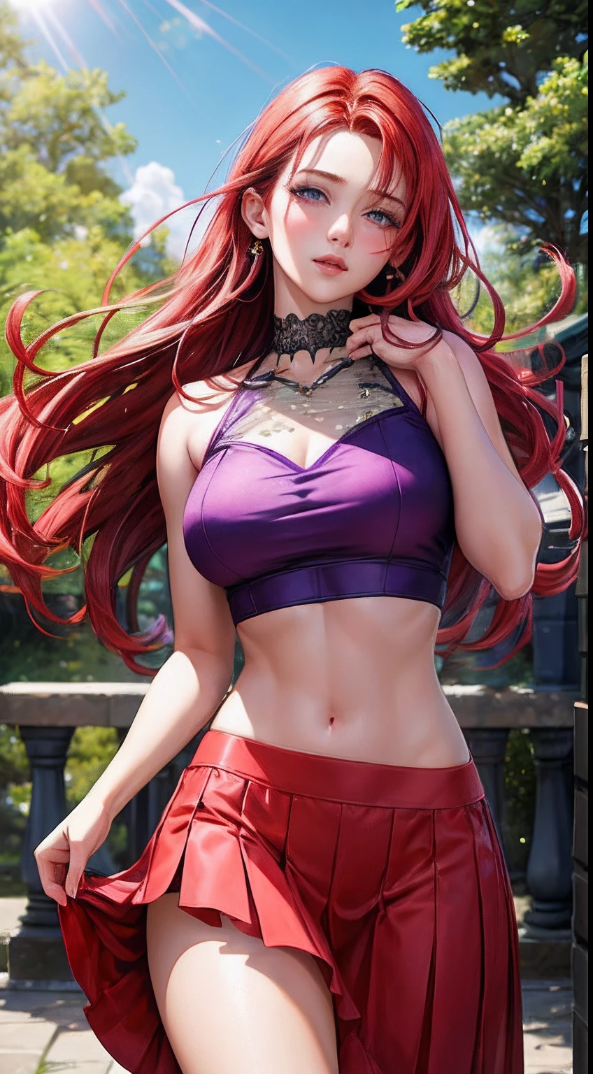 "Realistic depiction of a young woman with vibrant red hair and captivating purple eyes. Her eyes have a mesmerizing glow, and she is wearing a stylish crop top and skirt. She has parted lips and a subtle blush on her cheeks. The scene is set at night, with beautiful flowers in the foreground and the warm glow of the sun shining through the trees."