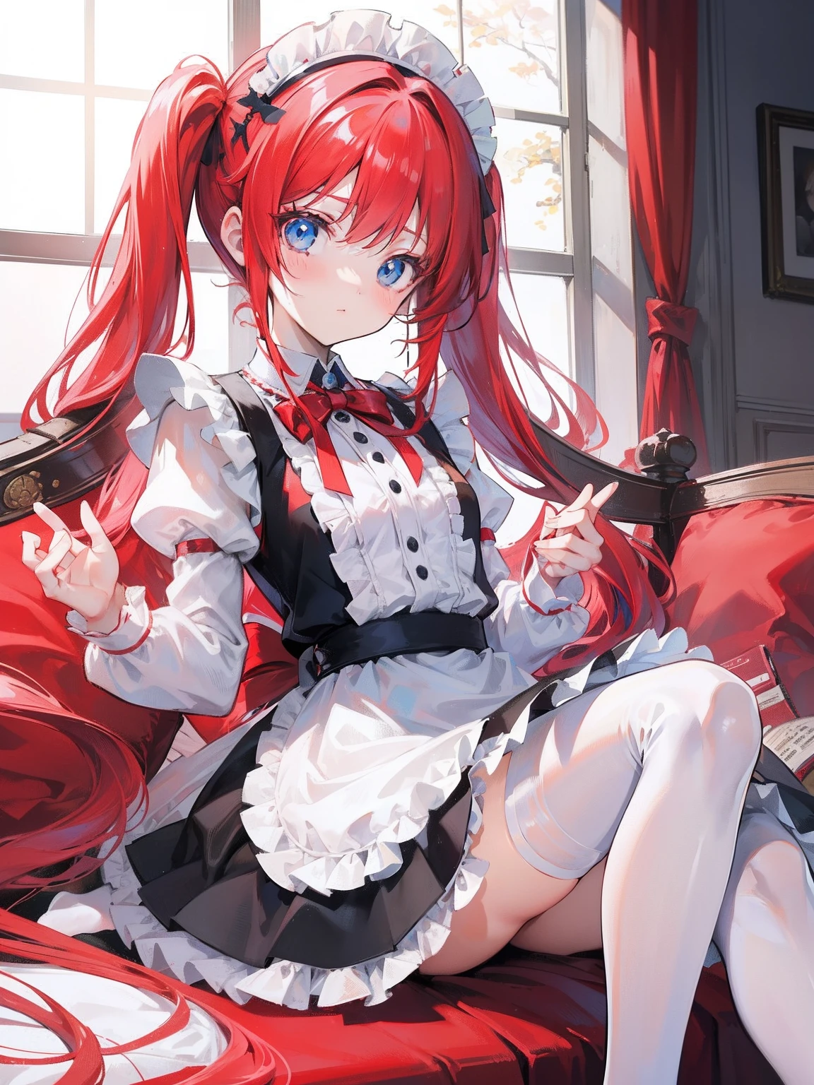 （（tmasterpiece，Best quality at best）），hairy pubic，Animal ears，coda，bodyfur，
（ultra - detailed）， （illustratio）， （超高分辨率）， （Exquisite illustrations）， （ultra - detailed）， Red hair,Blue eyes,double tails,maid, Long hair, Long sleeves, Gothic, Solo, Loli,Little girl,{{Best quality}}, {{Masterpiece}}, {{Ultra-detailed}}, {illustration}, {Detailed light}, {An extremely delicate and beautiful}