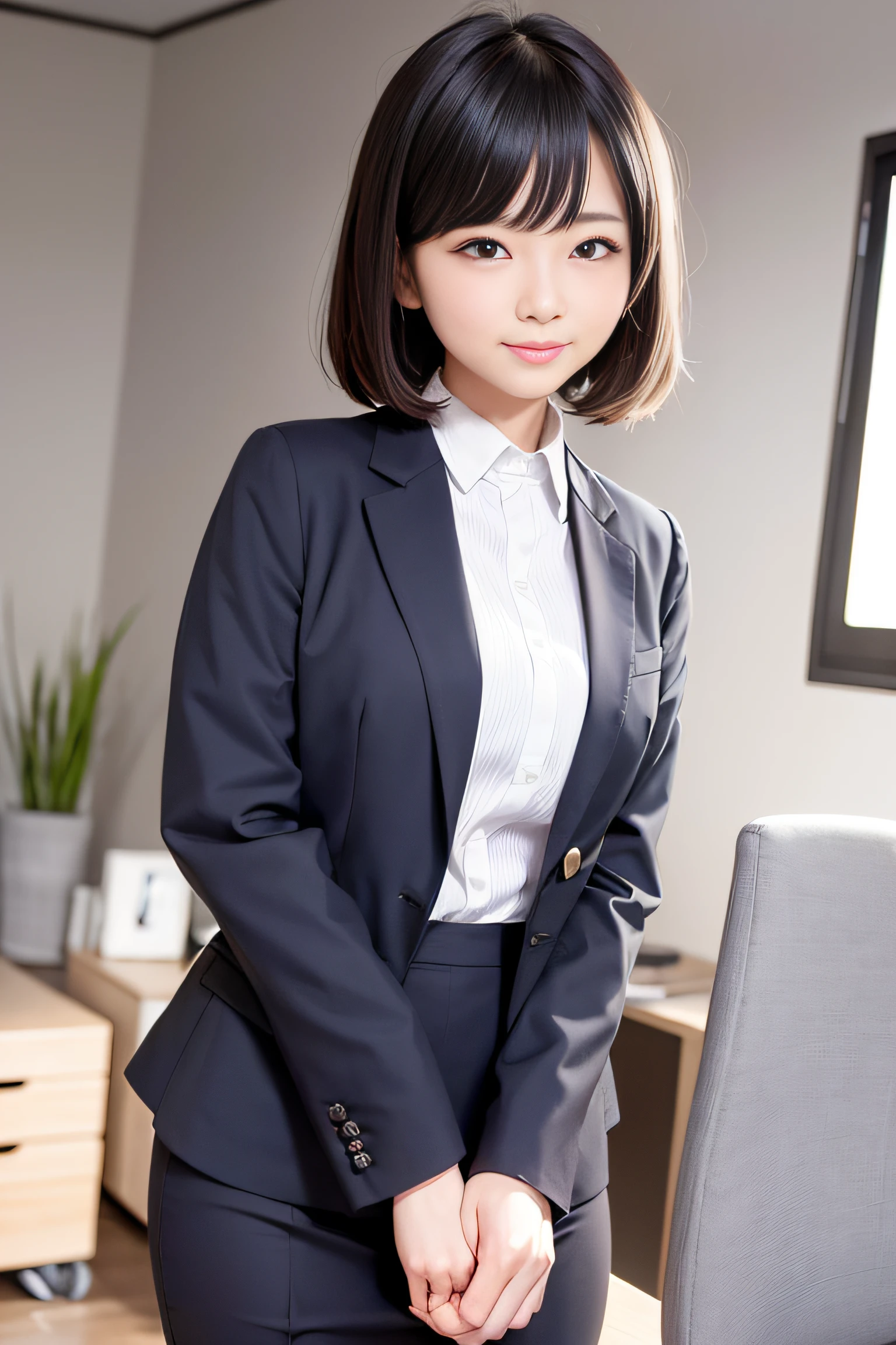 Corporate offices, table top, best quality, illustration, very detailed, in detail, highest resolution, 8k wallpapers, Complete dynamic configuration, beautiful and delicate eyes, business suit,short-cut hair，Natural Color Lip, Sit on a chair and cross your legs,laugh、25 years old girl，Red Eye Shadow，Wearing black tights, Put on your employee ID card,