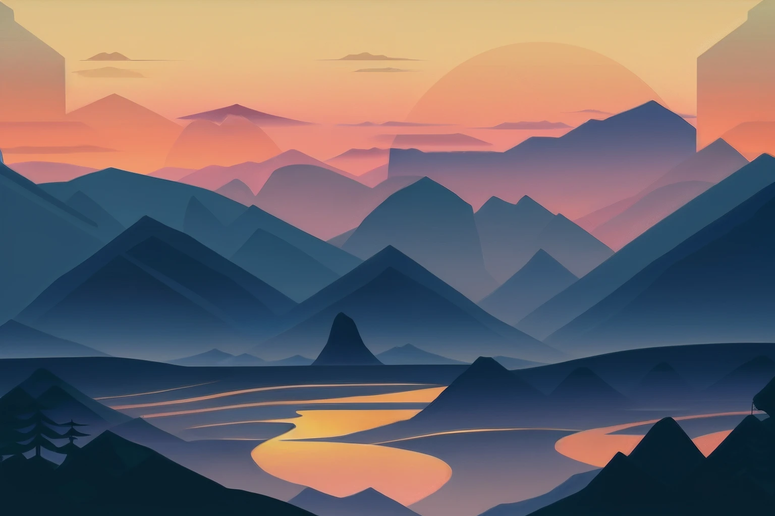 Beautiful landscape illustration of river and mountains, Detailed scenery —width 672, 4 k hd wallpaper illustration, Landscape illustration, 4 k hd illustrative wallpaper, landscape artwork, scenery art detailed, Scenic Colorful Environment, flat 2 d vector art, Simple and clean illustration, highly detailed back ground, vibrant gouache painting scenery, stunning nature in background, highly detailed scenario