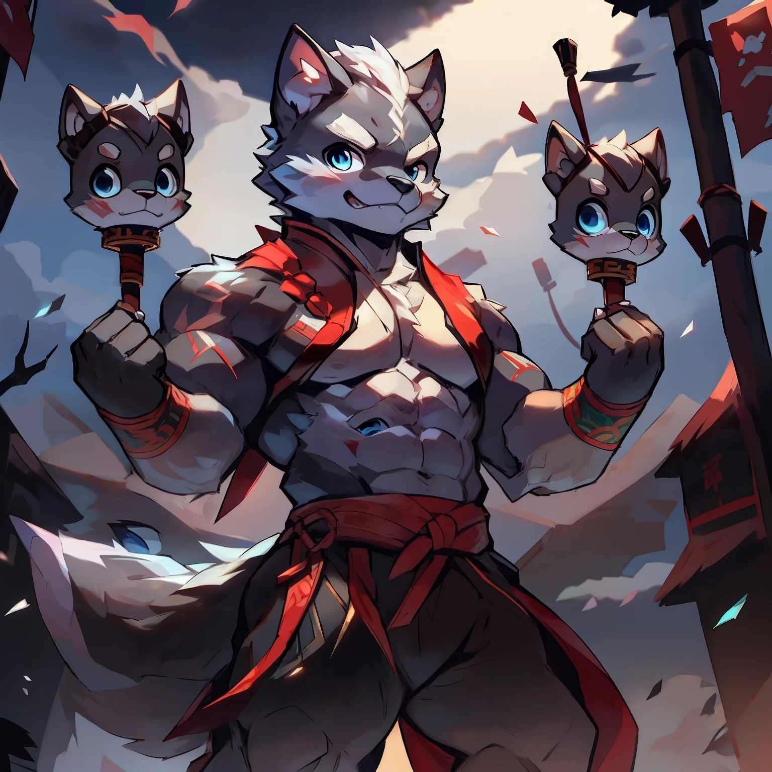 Best quality), (Masterpiece), (((Single))), (Ultra detailed), (Furry), Full Body Furry, Furry, (Male wolves: 1.5), (Brown skin: 1.3), (Gray fur: 1.3), Character focus, (Blue eyes), ((Puppet Hand)), ((Detailed people)), (grey ears), Sharp focus, (The furry sensation of animal ears), Chinese martial arts, ((Wuxia)), ((Chinese style)), Chinese martial arts costumes, On the streets of ancient China, Muscular body, Young, Topless, Abs