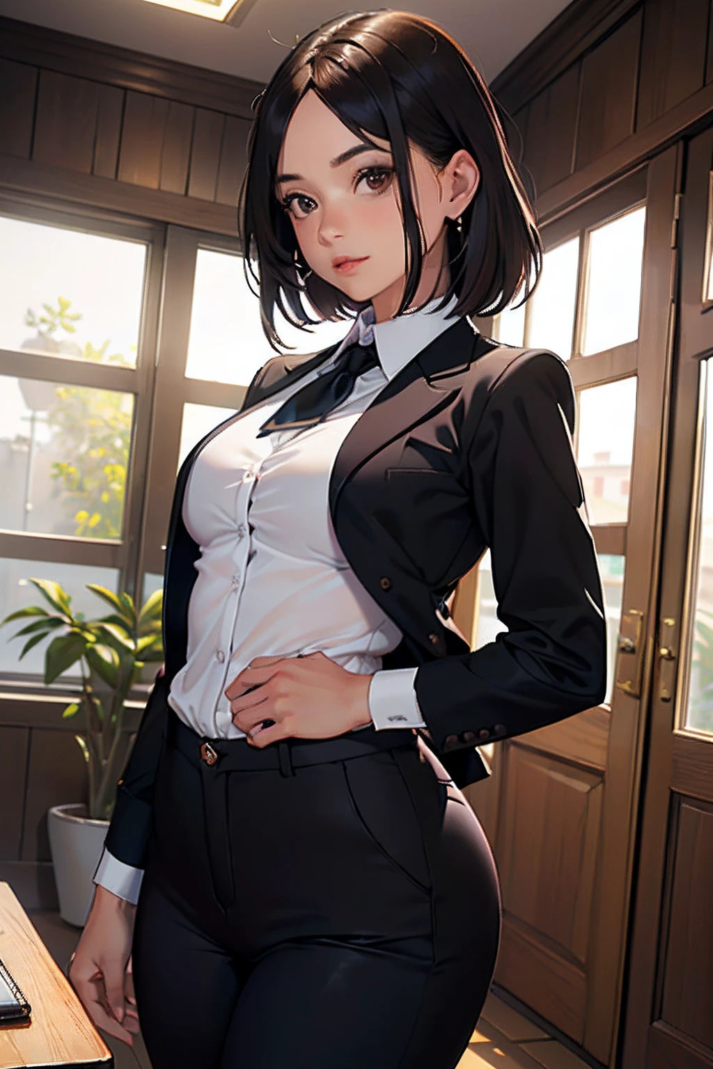 Obra maestra, La mejor calidad, Ultra detallado, illustration, Epic lighting, film-like composition, Isometric, 1girl, solamente, Lindo, brown eyes, cabello negro, flequillo barrido, Single side lock, Pinza roja, Camisa de cuello blanco, corbata negra, pantalones negros, formal, Mirada encantadora, Pose cautivadora, dentro, Oficina, Thrudr, Apertura por, Mirando al espectador, asomando por la parte superior del cuerpo, sonrojarse, sonrisa seductora, boca cerrada,(8k:1.1),