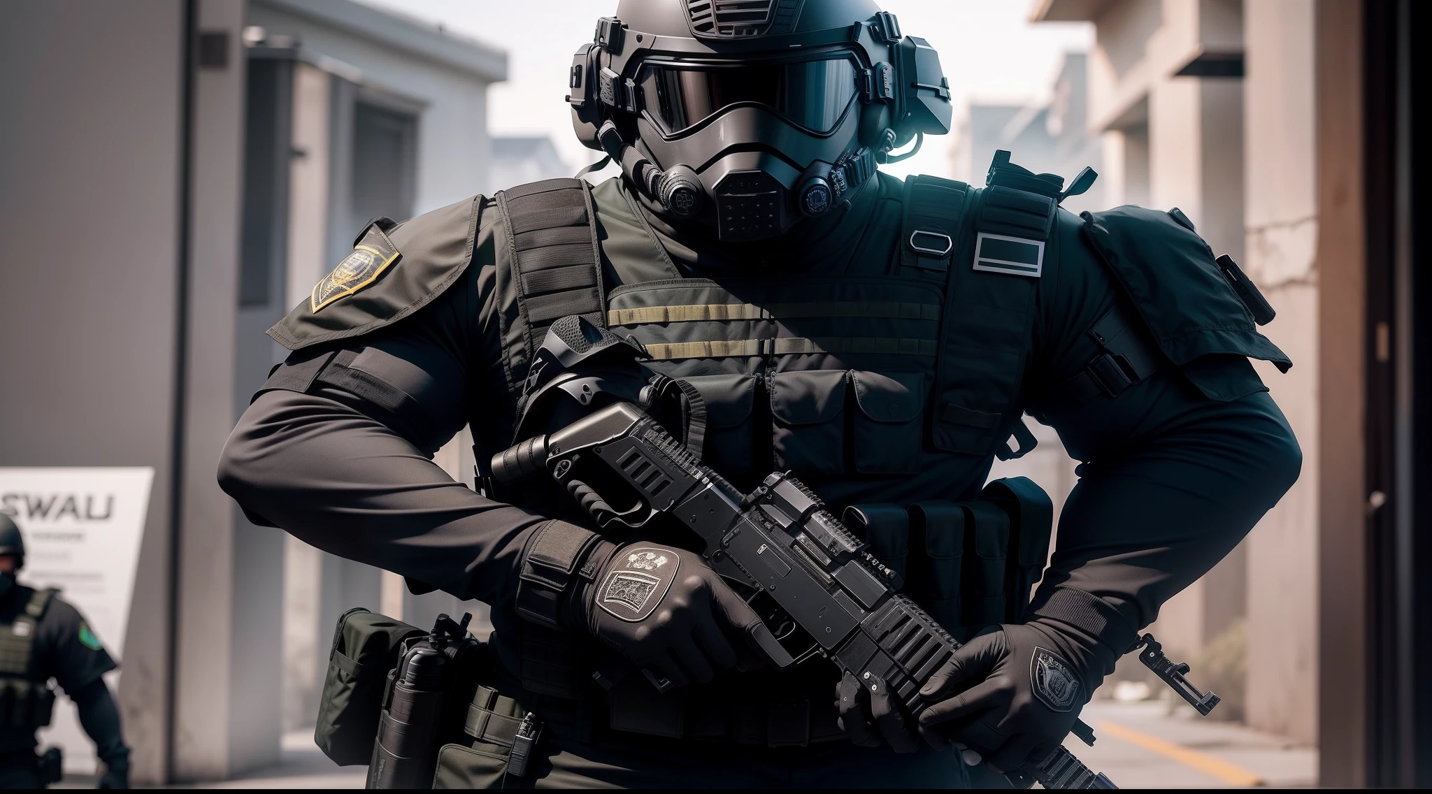 Dark theme,Fully armed male SWAT officers,Male SWAT officer in helmet,Masked male SWAT