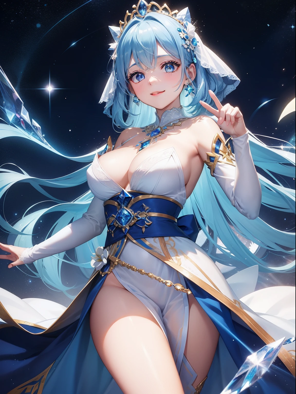 With her energy she lights her way, Her beauty brightens everything around her even brighter. Stars, All the beauty of the galaxy and the universe is around her. She wears beautiful white and blue fabric with incredible embroidery, Her endless sky blue hair seems to fly behind her. The light of the crystal is shining。Pretty girl、a smile、Blue Long Hair、Engaging pose、Sapphire costume、Fantasia、Luminous Crystal、Crystal jade、constellation、a moon、Fantastic background