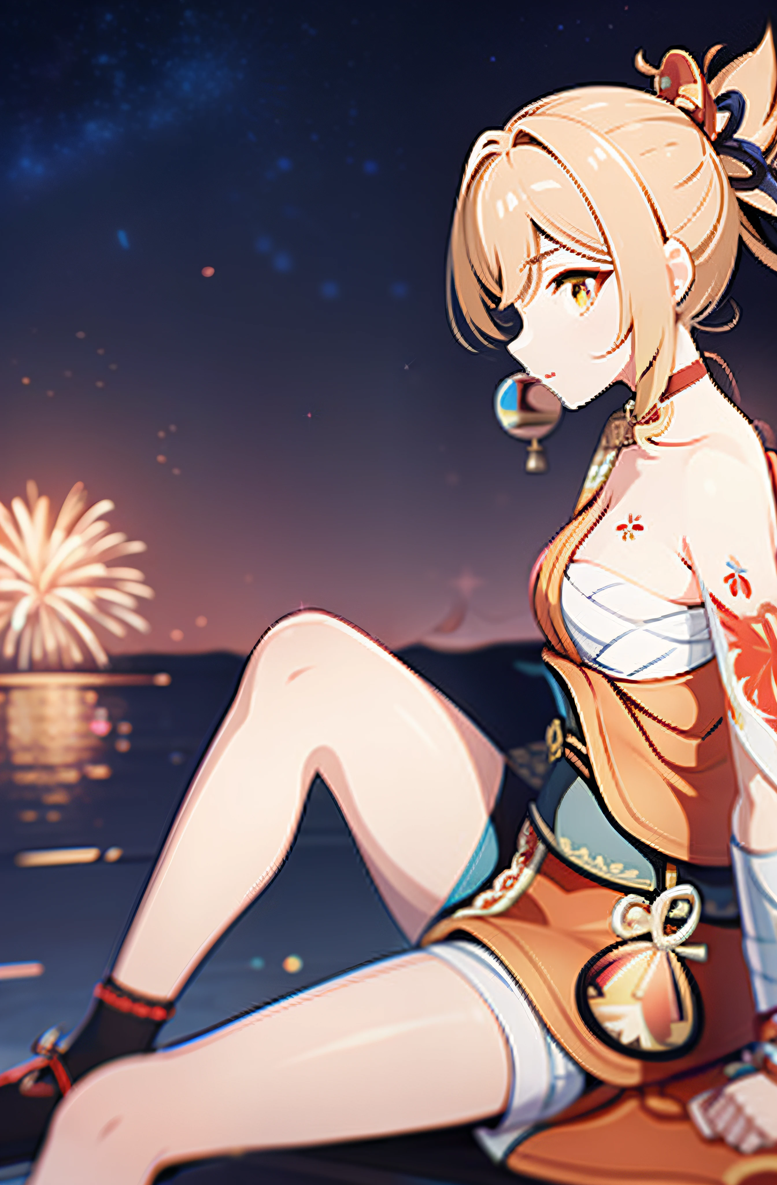 fireworks pattern, night background,yoimiya from genshin impact, casual outfit, facing sideway, sitting, circle in the middle,