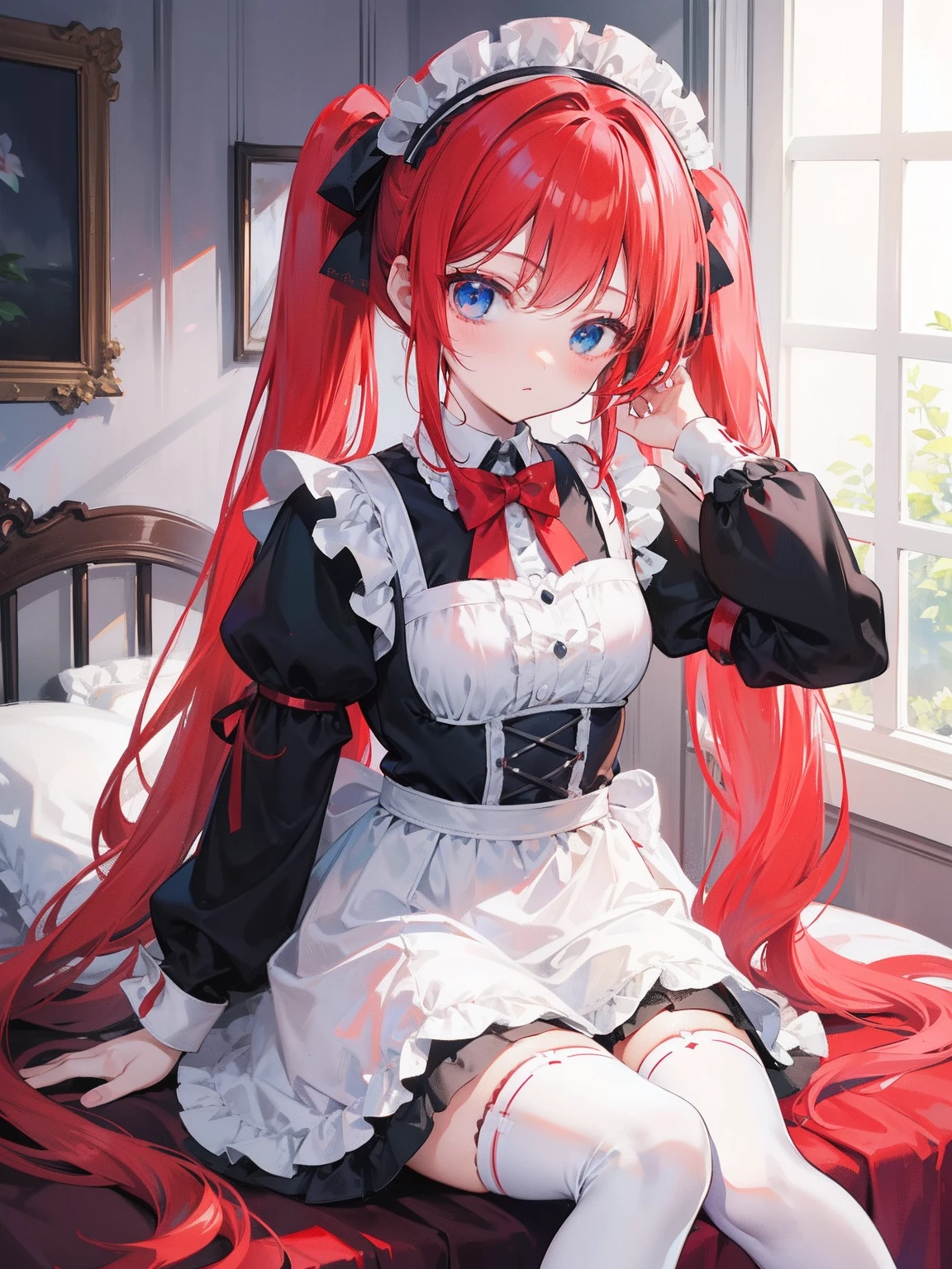 red hair,blue eyes,twintails,maid, long hair, long sleeves, gothic, solo, ,Short skirt, white stockings,{{best quality}}, {{masterpiece}}, {{ultra-detailed}}, {illustration}, {detailed light}, {an extremely delicate and beautiful},litte,