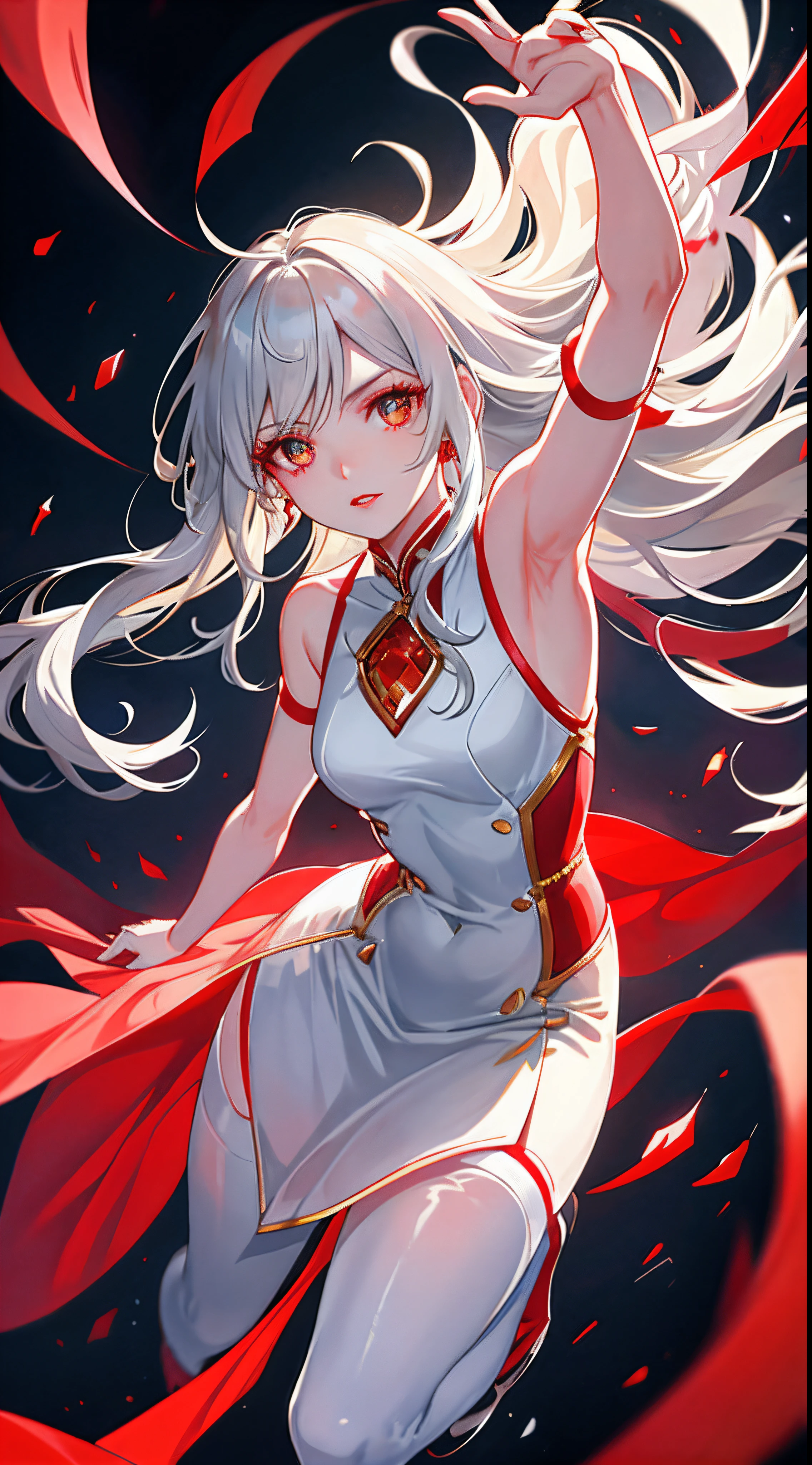 dancer, red dresses doll, showing off, masterpieces, HD, 16K, white hair, white eyes, red rope, scale up, perfect body shape, ghost, spirit, children, 14 years old, cute, spiral, red ribbon