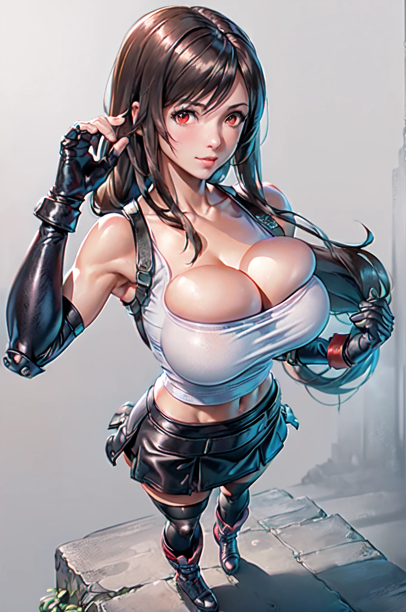 (8k, best quality, masterpiece:1.2), (realistic, photo-realistic:1.37), ultra-detailed, 1 girl,cute, solo, (tifa lockhart), ((huge breasts:1.6),(beautiful detailed eyes), (smile:1.4), winking (closed mouth), erotic pose, outside an industrial factory, depth of field, dark intense shadows, sharp focus, depth of field, good composition, Final Fantasy VII, (white tank top:1.3), (black leather mini skirt:1.3) (red gloves and boots) (full body:1.5), head rest, lips, pretty face, ((red eyes:1.3)), (night:1.2), intricate, bokeh, (Tetsuya Nomura style), nsfw, perfect breasts, view from behind