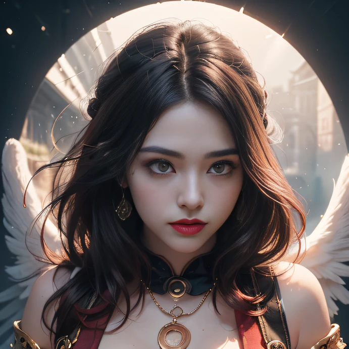 Side close-up(Golden antlers, Red-black cloak,Rouge overalls,vapour,Rouge complexion,Fog jelly flat chest,Golden wire fish net knee pads space jump,extremely happy,He Xiaotong, (A half body), (Ultra photo realsisim:1.4), (Realistic:1.3), (up of the upper body:0.3), (best quality real texture skin), (Fine true circle Symmetrical eyes), (Beautiful face beautifully painted,) (A circle of divine light overhead:1.8), ((medieval world)), ((((black angel of the Lord, white angel of the Lord)))), ((Bust close-up portrait)), (Beautiful kind eyes), (She has a mischievous smile on her face), (The colorful eyes were full of sympathy), Shining majestic cloud masses and sky, (halo optical phenomenon), (Angels dancing in the background), (Dramaticlight), (A majestic sight), (Her expression was calm and full of tenderness,Tremendously beautiful), ((Huge wings,There are pure orange feathers behind the shoulders)), (((Folded wings))), Ring in the nose, (((Dramatic photo))), (Twilight), (Snowflakes fluttering), (Dusk), (Divine pose), (Golden hair),(Maroon hair), short detailed hair, ((head looking up)), ((Snowflakes fluttering)), ((Half-body close-up)), (Around her neck hangs a beautifully crafted bronze necklace), Old ruins infested with plants, Close-up of the side of the half, (Luminous magic circle), Ancient Castle Site, Deserted ruins, crumbling ruins, Ancient ruins with clear water, holy rays, epic realistic, ((com cores neutras)), (hdr:1.5), (pastel colour:1.2), ultra - detailed, Cinematic, warm lights, Dramaticlight, (Intricate details:1.1), the complex background,32K(tmasterpiece,k hd,hyper HD,32K)Long flowing black hair,Haizhou people