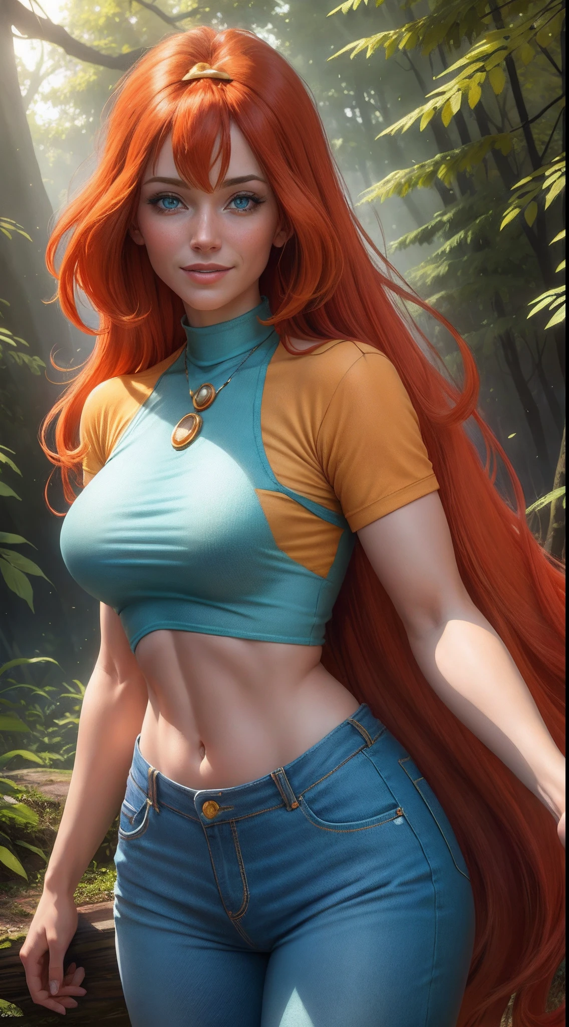 masterpiece, best quality, ultra-detailed, Bloom, milf, mature face, tall, thick, orange hair, blue eyes, bangs, long hair, Casual Outfit, croptop, blue tshirt, yellow short sleeves, skinny jeans, pants, standing, smile, in the forest, cowboy shot, realistic, volumetric lighting, intricate details, tonemapping, sharp focus, hyper detailed,