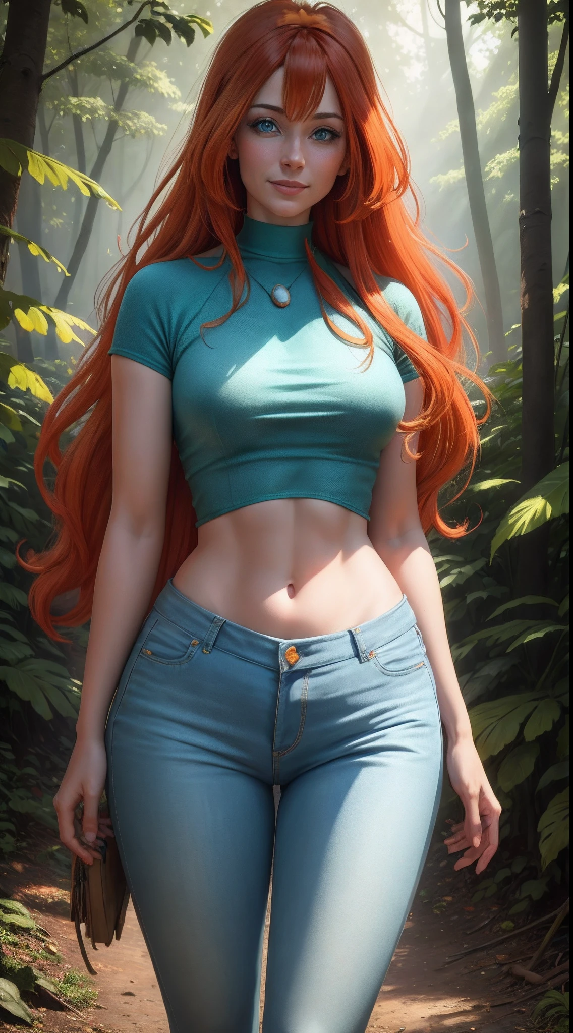 masterpiece, best quality, ultra-detailed, Bloom, milf, mature face, tall, thick, orange hair, blue eyes, bangs, long hair, Casual Outfit, croptop, blue tshirt, yellow short sleeves, skinny jeans, pants, standing, smile, in the forest, cowboy shot, realistic, volumetric lighting, intricate details, tonemapping, sharp focus, hyper detailed,