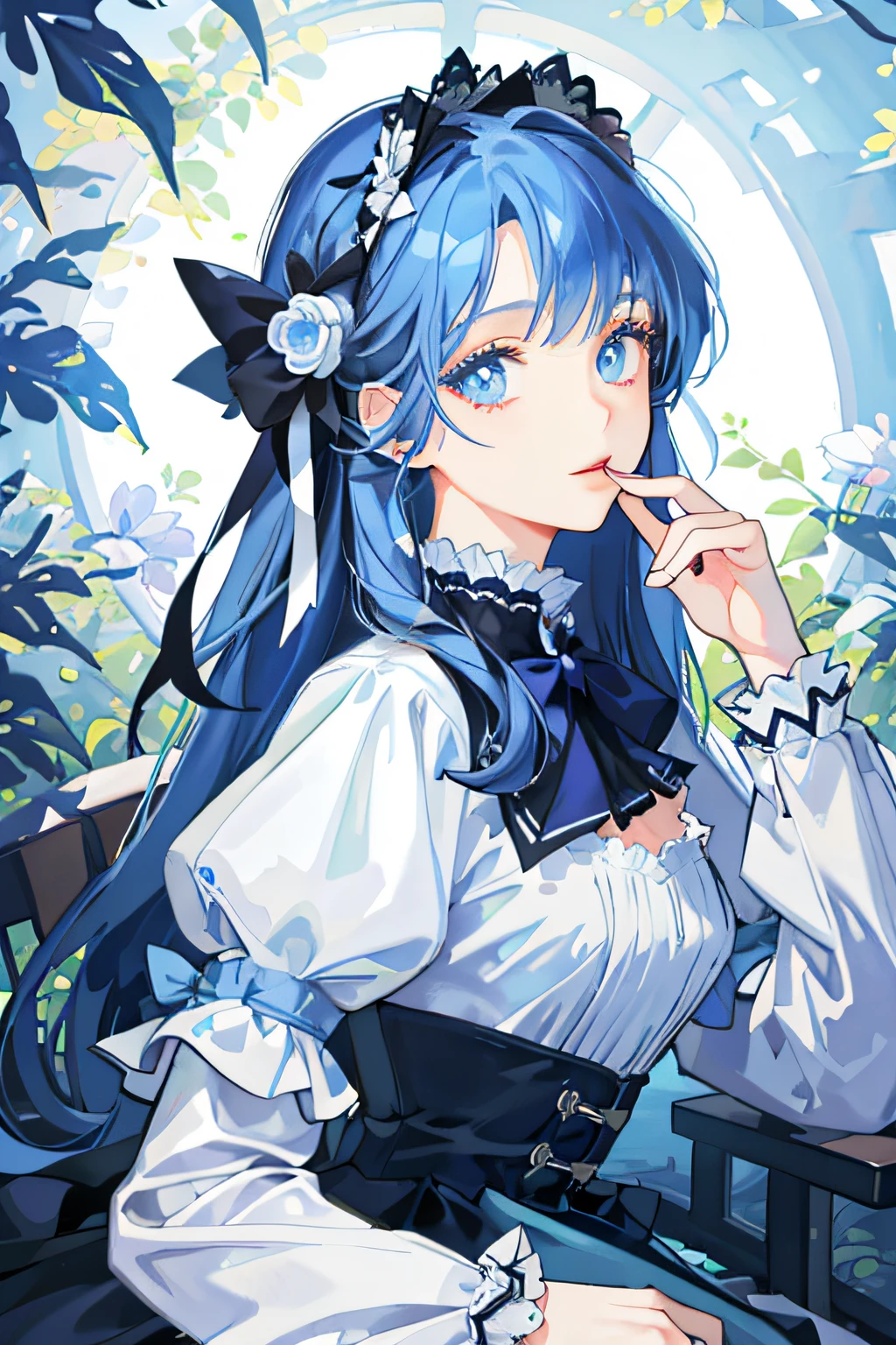 best quality,highly detailed,masterpiece,ultra-detailed,hand_to_mouth,1girl,illustration,beautiful detailed eyes,long hair,solo,lolita_fashion,very_close_to_viewers,blue hair