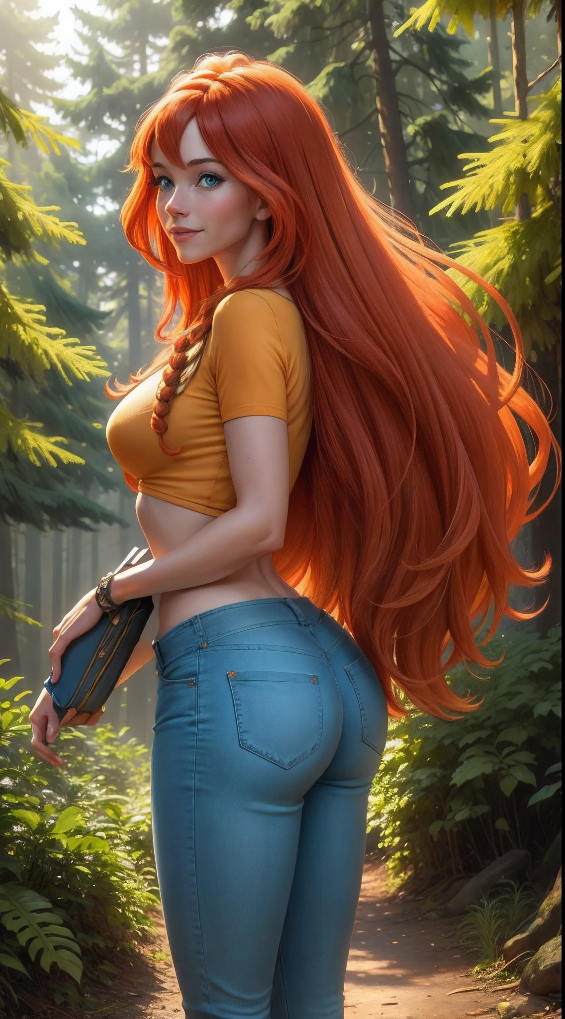 masterpiece, best quality, ultra-detailed, Bloom, milf, mature face, tall, thick, orange hair, blue eyes, bangs, long hair, Casual Outfit, croptop, blue tshirt, yellow short sleeves, skinny jeans, pants, standing, smile, in the forest, cowboy shot, realistic, volumetric lighting, intricate details, tonemapping, sharp focus, hyper detailed,