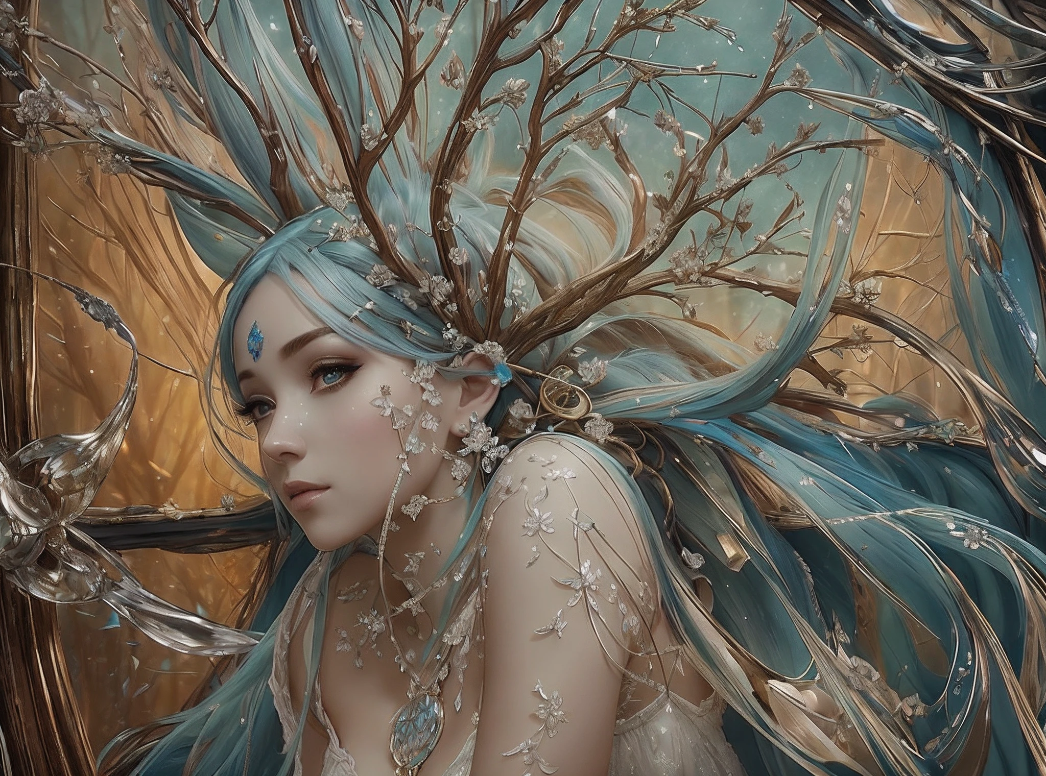 there is a woman with a blue hair and a tree in her head, beautiful digital artwork, 4k highly detailed digital art, intricate wlop, fantasy art behance, digital fantasy art ), detailed fantasy digital art, 3 d render character art 8 k, 3d render digital art, cgsociety 8k, cgsociety 8 k, hyperdetailed fantasy character