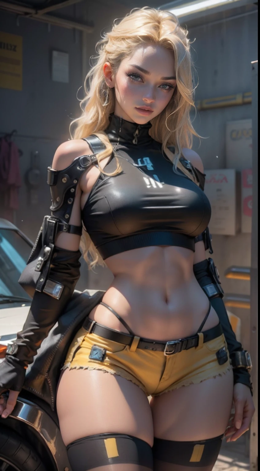 cyberpunk, cyborg beauty, robot parts, (high resolution, young blonde beauty), very big, very small micro underwear, sticking out, crotch wide open, boob shape clearly visible, pubic area clearly visible, crotch wide open, wet and sticky underwear, lying on bed