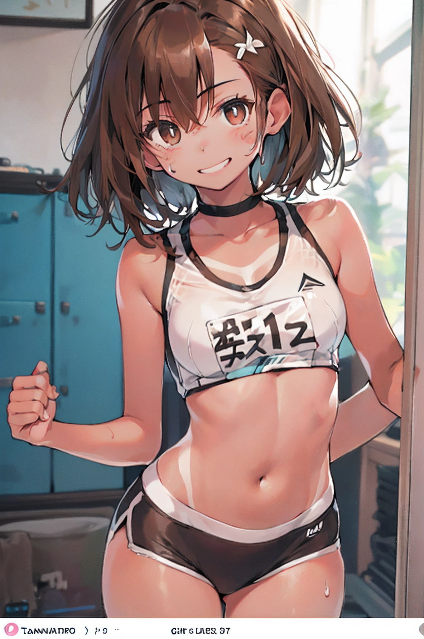 top-quality　Misaka Mikoto　Junior High School Bra　Beige shorts　　　　Cool look　　small tits　　１６age　　in the room　sexypose　Miwaki　Armpit sweat　sodden　　Ecstasy face((masutepiece)), (1 girl:2.0), (extra detailed face, Smiling), Short haircut, Brown hair, Petite, (Thin Build), (a japanese girl), ((Athletics Club Member, Long-distance runner)), Slightly round face, (Tanned brown face:1.6), Cute, Big eyes