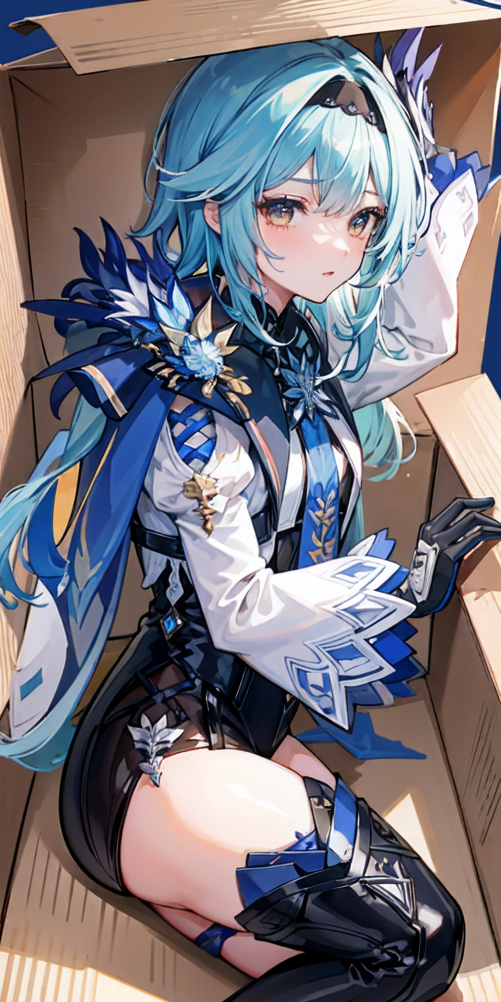 (tmasterpiece,top-quality,best qualityer,offcial art,Beauty and aesthetics:1.2),(8K,best qualtiy,tmasterpiece:1.2),There was a woman sitting in a box full of money and diameters,The facial expressions are so sexy and seductive,The color of the box is blue,What's in the box is Primo Jim Shin Shin Shock,Open your smiling mouth, sad expressions,(((lie inside the Cardboard box))),small Cardboard box,,Side wing view,Side shot,(lying on side inside the box)