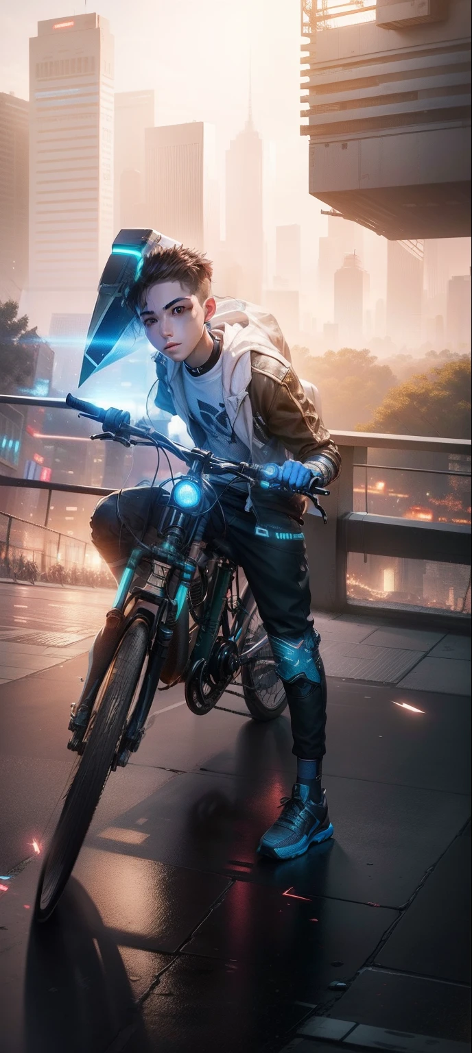 Cyber punk, realistic face, smart boy, realistic, 8k quality, bicycle boy,