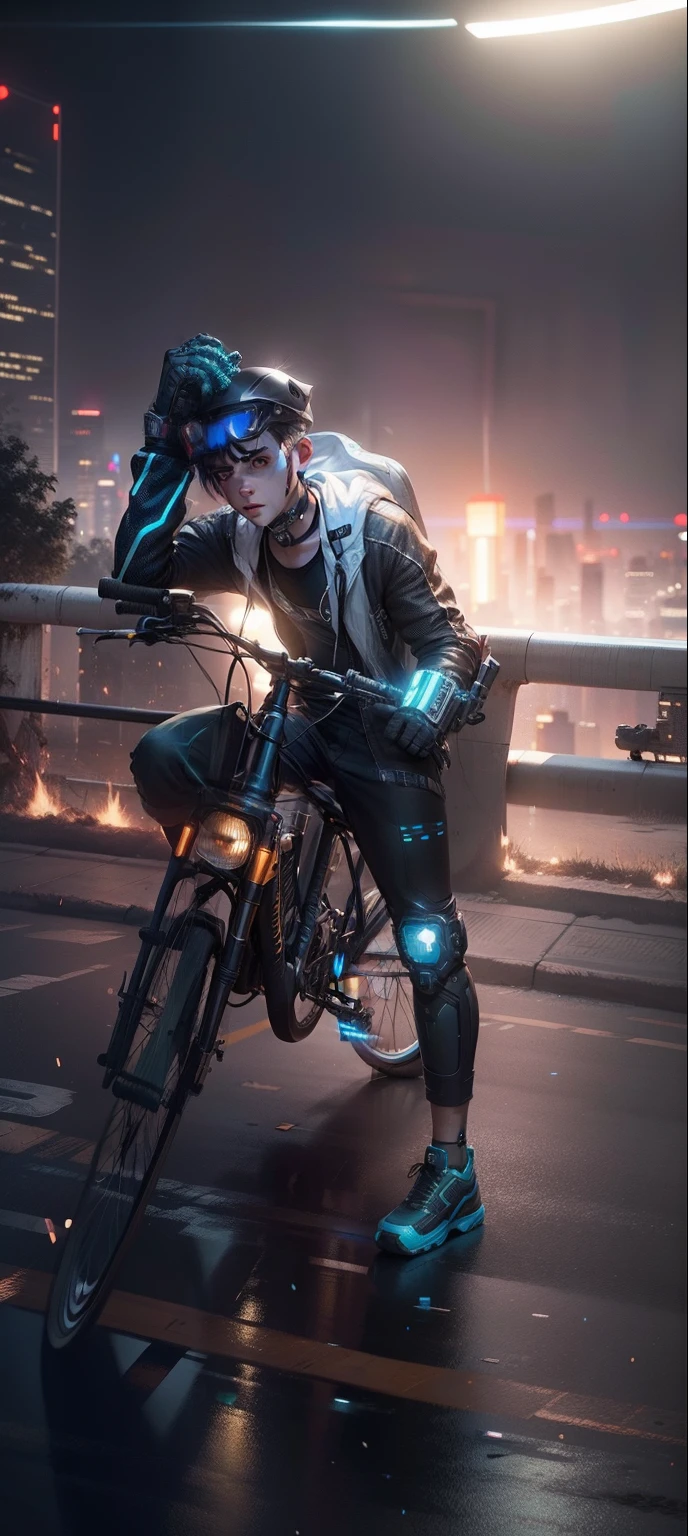Cyber punk, realistic face, smart boy, realistic, 8k quality, bicycle boy,