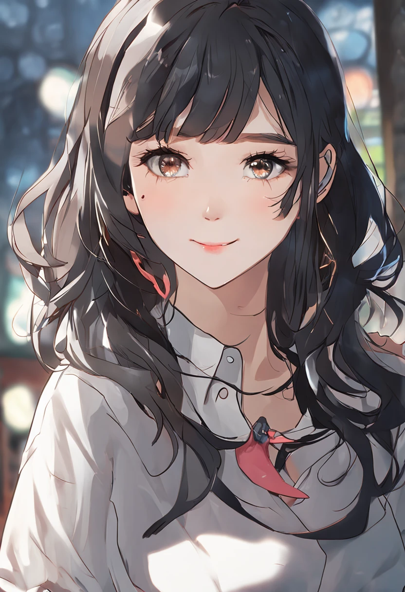 Black hair shortcuts Little cat eye a smile Pure white shirt a smile Dimples Human Female
