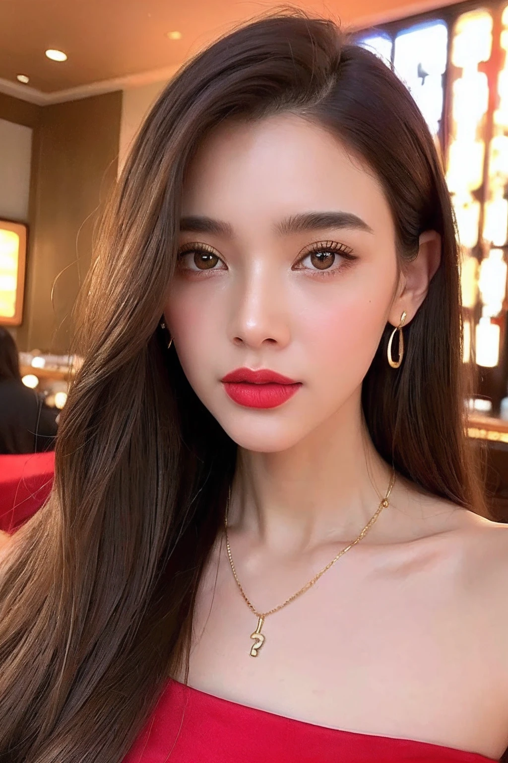 (extra detailed body、extra detailed face、best qualtiy:1.2)、femele、looking at the viewers、(Red dressy clothes、Brown hair、Big Gold Earrings、Gold Necklace)、(Restaurant in the background:1.4)