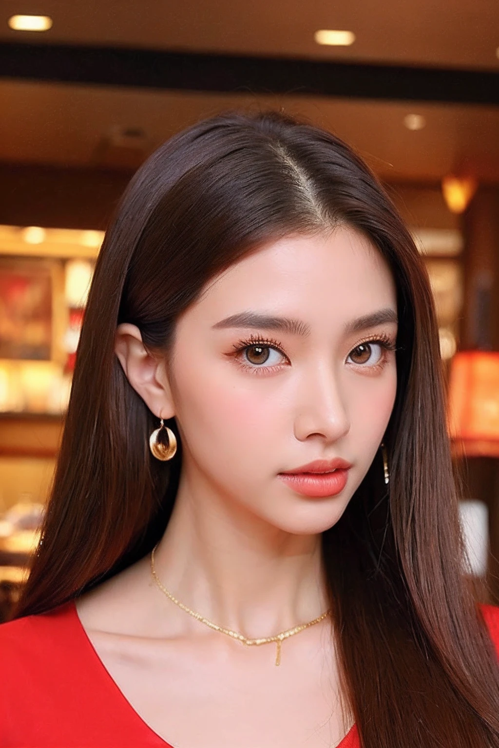 (extra detailed body、extra detailed face、best qualtiy:1.2)、femele、looking at the viewers、(Red dressy clothes、Brown hair、Big Gold Earrings、Gold Necklace)、(Restaurant in the background:1.4)