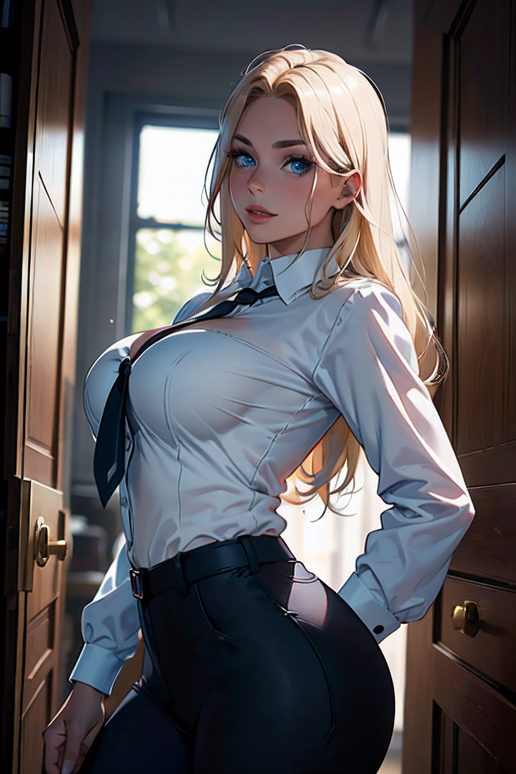 Obra maestra, La mejor calidad, Ultra detallado, illustration, Epic lighting, film-like composition, Isometric, 1mujer, solamente, Lindo, blue eyes, cabello blanco, cabello largo, Single side lock, Camisa de cuello blanco, corbata negra, pantalones negros, senos grandes, cuerpo voluptuoso, formal, Mirada encantadora, Pose cautivadora, dentro, Oficina, Thrudr, Apertura por, Mirando al espectador, asomando por la parte superior del cuerpo, sonrojarse, mirada seductora, sonriendo, boca cerrada,(8k:1.1),