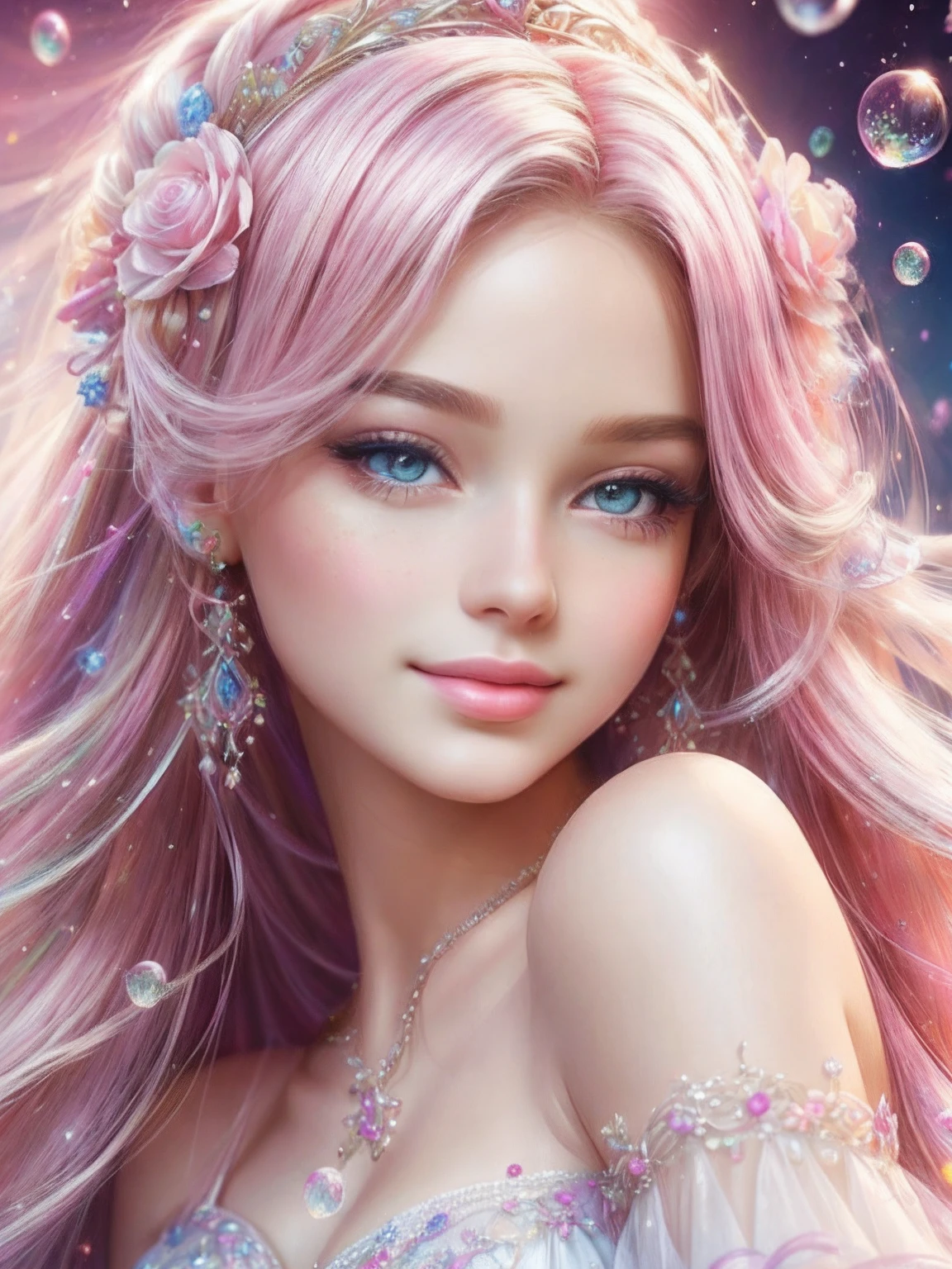 ((Masterpiece)). This artwork is sweet, Dreamy and ethereal, （Barbie pink background：1.5），barbiecore，A princess，cabellos largos dorados，Kizi，Delicate face, Soft pink watercolor toned candy accent，(Bubblegum world with a variety of pastel shades). Her sweet face is extremely detailed and realistic，Elegant facial features，Sweet, Highly realistic eyes，Sweet smile，Highly detailed, And beautiful. HD and detail, Contains a lot of detail，Colorful bubbles, Colorful petals, Stars and colorful bubble gum bubbles，fantastic details, Enhanced detail, rainbowing, Colorful sparkling wind，Beautiful and realistic details，The images are dreamy and ethereal.8K, Intricate, elegant, Highly detailed, Majestic, Digital photography